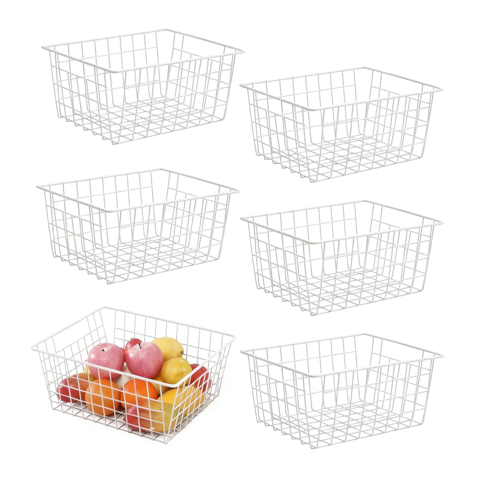 Hniuyun 6 Pack White Wire Basket, Countertop Organizer for Kitchen Cabinets, Metal Storage Baskets for Garage, Refridge, Bedroom, Bathroom, Laundry, 28 x 22 x 12cm