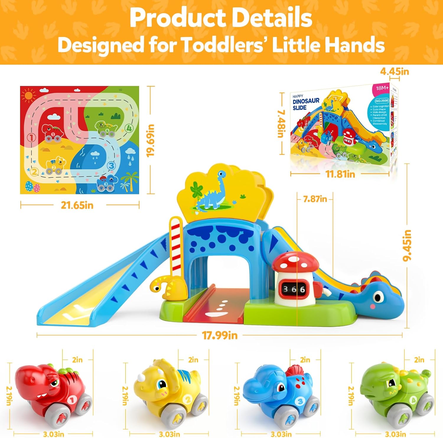 Toddler Toys for 1 Year Old Boy Gifts - Educational Dinosaur Slide Set with 4 Color/Number Push Cars and Playmat, Montessori Learning Toy for Baby 12-18 Months, 1st Birthday Present Ages 1-1.5, Yellow - Image 5