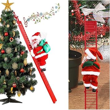 Electric Santa Climbing Ladder with Music, Christmas Ornament for Holiday Tree Decoration, Xmas Gift Red Ladder