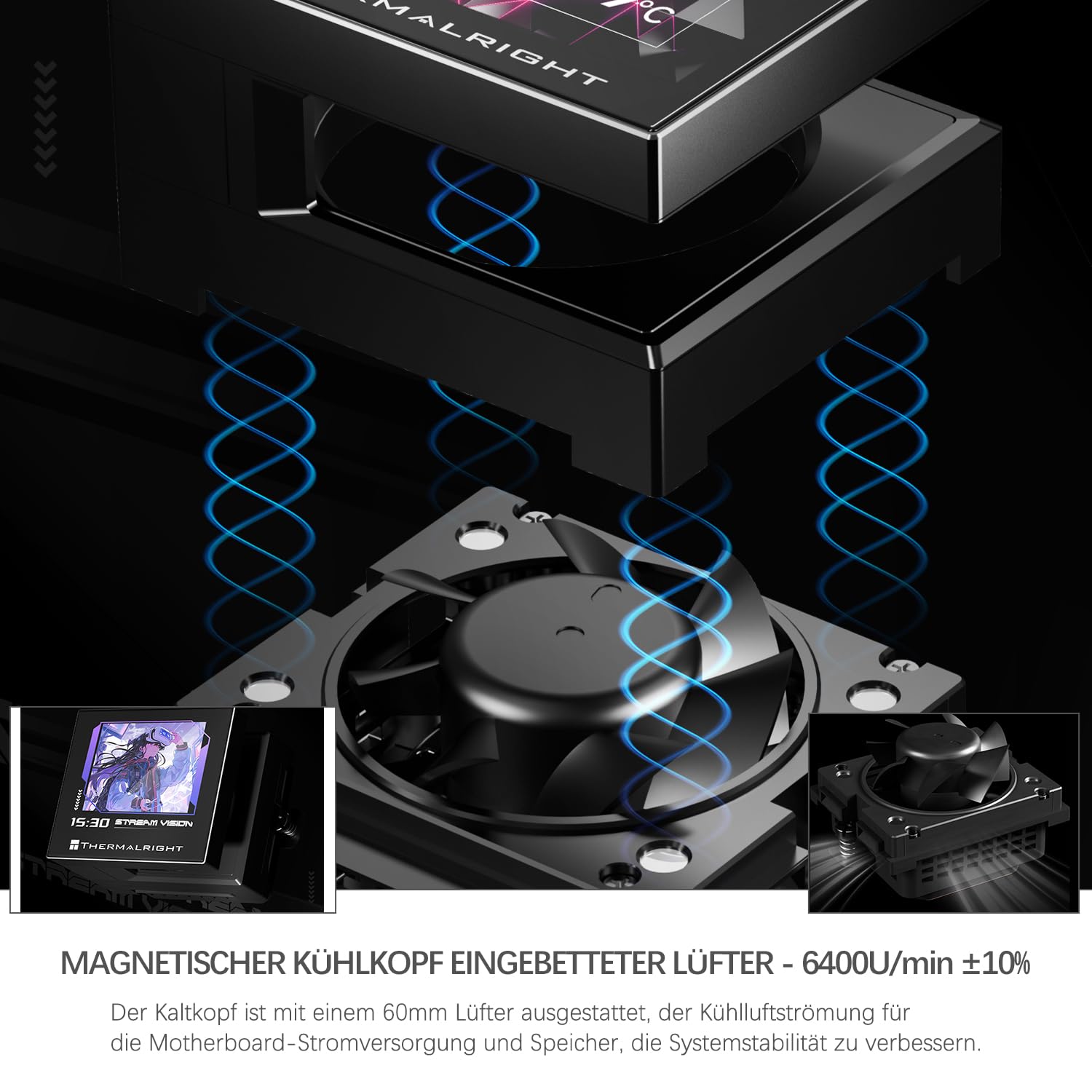 TR-Thermalright Stream Vision 360 czarny płyn chłodzący procesor, ekran LCD IPS 3,5" o rozdzielczości 680 x 480 cm – magnetyczny, zimna głowica z wbudowanym wentylatorem, chłodnica 360 mm, do AM5