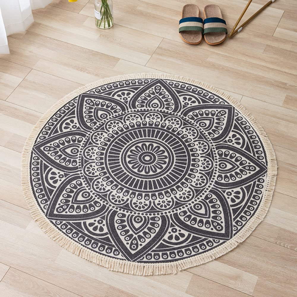 GueTTO Alfombra Bohemia, Alfombra Redonda De Algodón, Lavable A Máquina, Tejida A Mano, con Borla, Alfombra Redonda con Borlas Lavable A Mano para El Hogar, Sala De Estar, Dormitorio,H,120CM