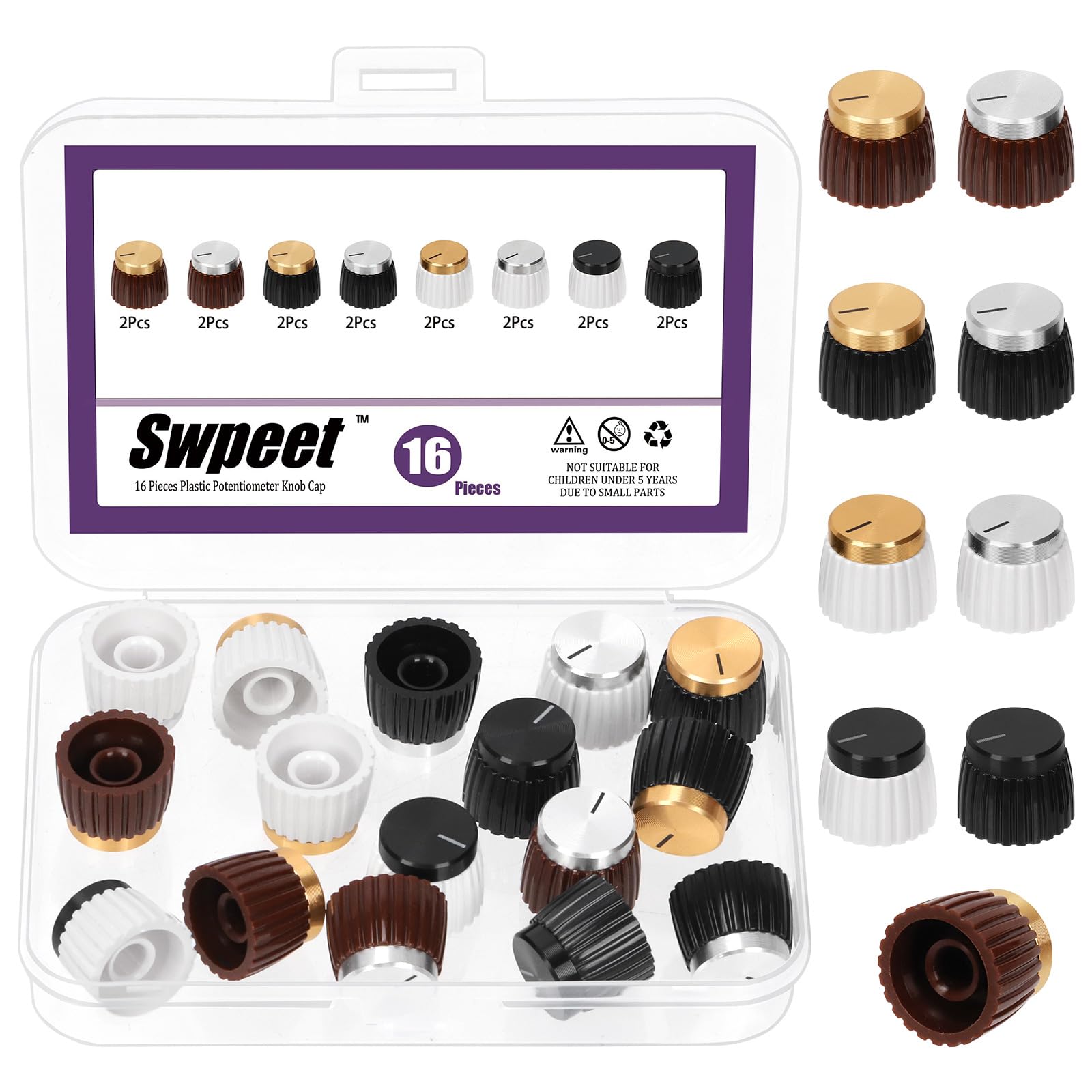 Swpeet 16Pcs 8 Colors 20x16mm 6mm Knurled Shaft Push-on Potentiometer Knob Assortment Kit
