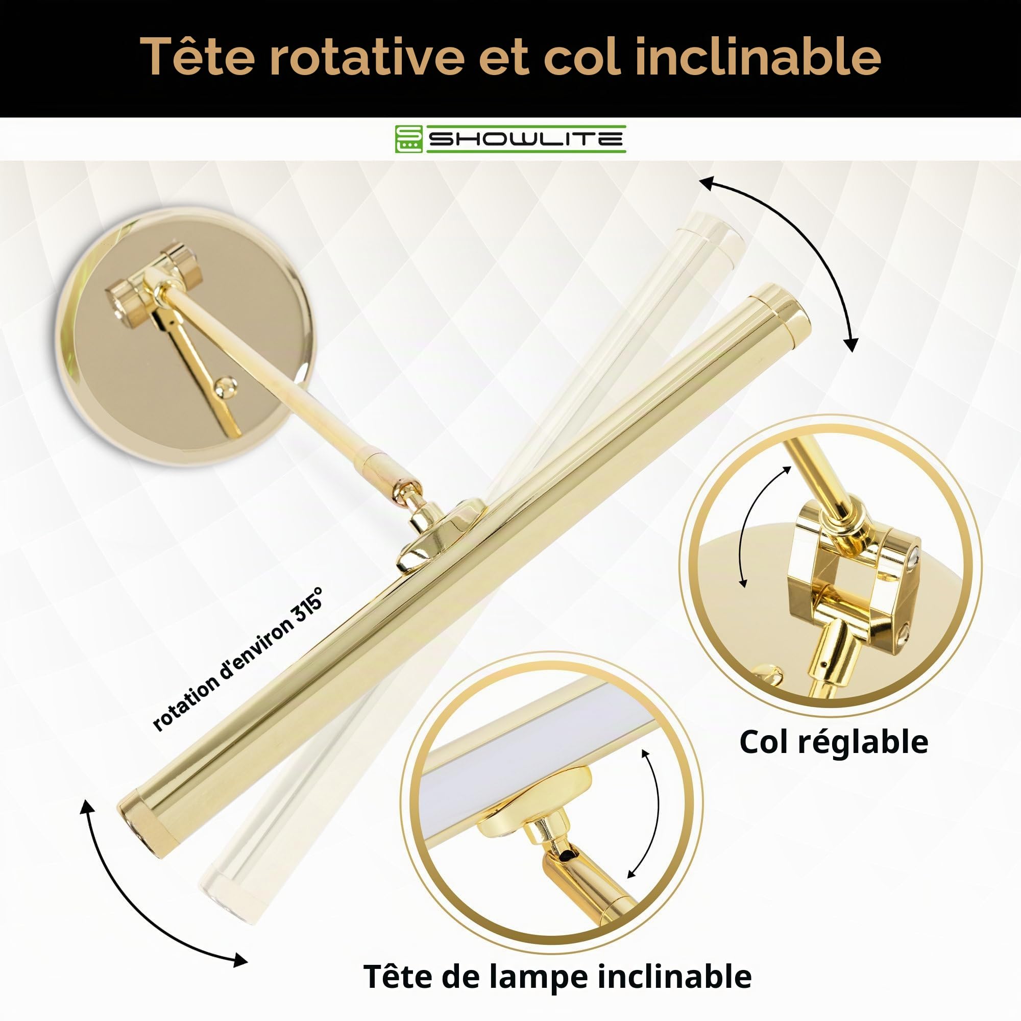 Showlite PL-1-GD-KW Lampe de Piano LED - Lampe de piano avec 15 LEDs - lumière blanc froid en 2 niveaux - hauteur 36 cm - alimentation par USB, secteur ou piles - or brillant