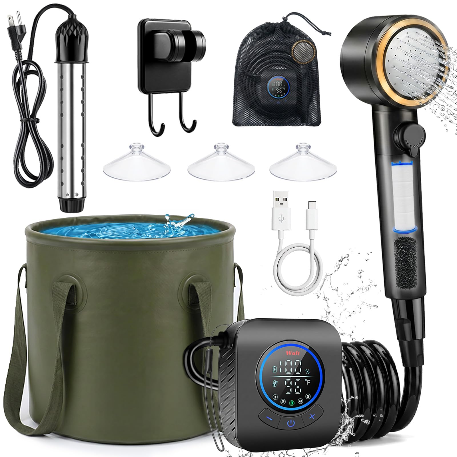 Photo 1 of BTOG Portable Camping Shower Kit with Immersion Water Heater & Foldable Bucket, Rechargeable Outdoor Shower System for Camping/Hiking/Pet Bathing/Surfing, Rinse kit with Portable Shower Pump