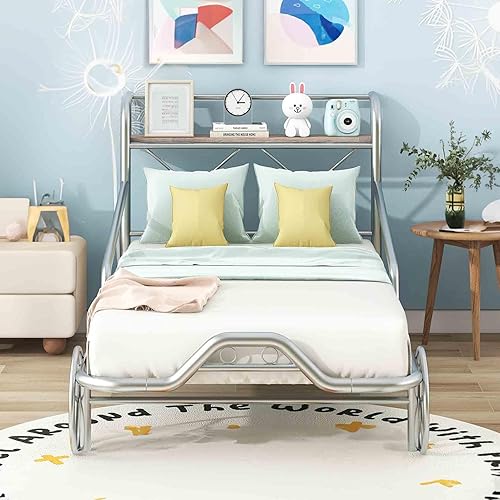 Miniatura 7 de Cama individual para automóvil con 4 ruedas, barandillas de protección, estante de almacenamiento para niños, adolescentes, niños y niñas, marco de