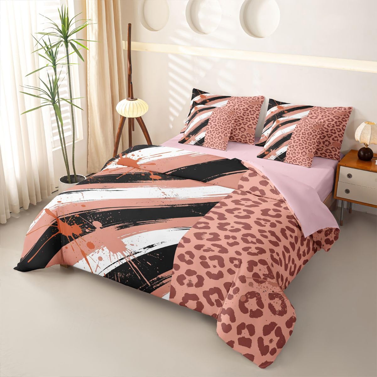 Loussiesd Set di biancheria da letto per bambini con stampa leopardata astratta, per letto singolo, 7 pezzi, moderno, per bambini, ragazzi, ragazze, bianco, nero, rosa, con copripiumino, lenzuola