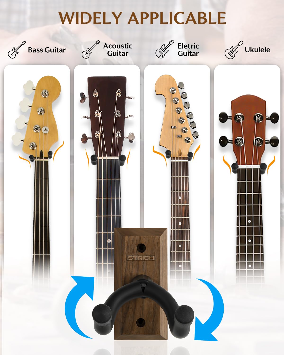 STRICH - Supporto da parete per chitarra, in legno di noce nero, gancio a U per chitarra acustica ed elettrica, basso, ukulele, violino, mandolino, banjo (confezione da 3)
