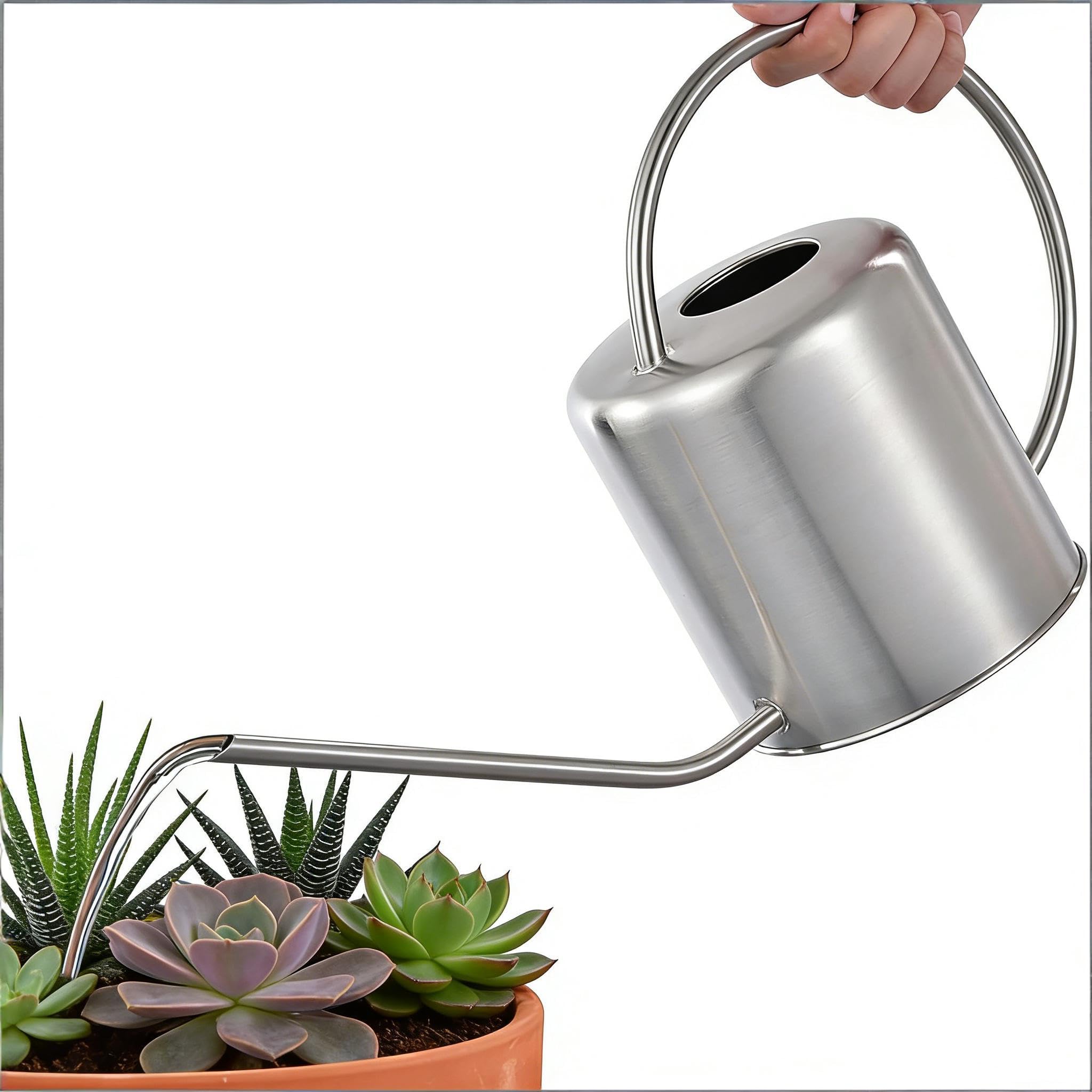 Fasmov 1,5 Liters Edelstahl Gießkanne Metall Blumengießkanne Klein Gartengießkanne mit langem Auslauf für Büro Garten Zimmer Drinnen und Draußen