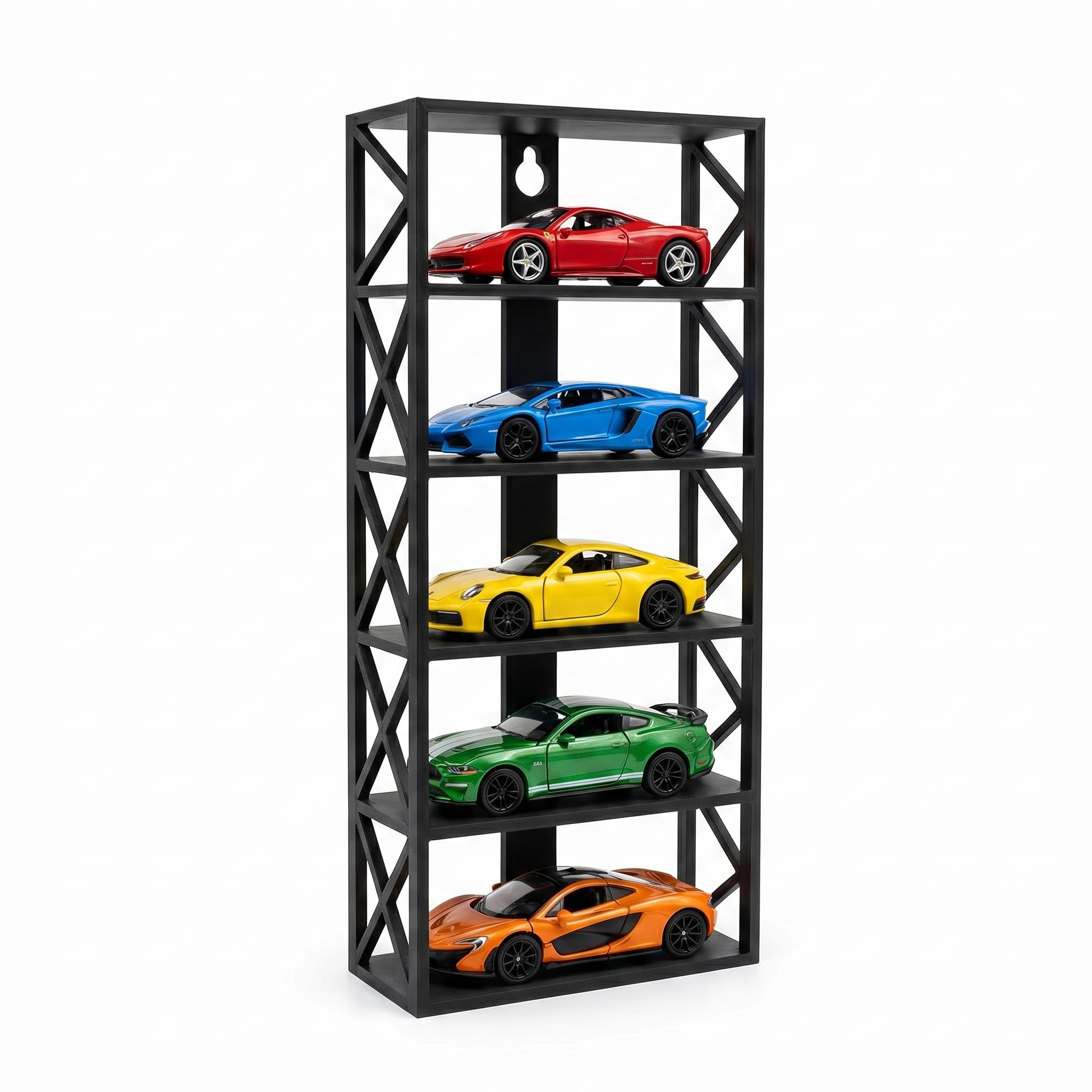 Akrinity 5-Car 1:64 Wall/Table Display Rack – Matte Black Stand with Side Guards | Hot Wheels & Diecast Cars Tabletop Organizer with added Hook Slot for Hanging on Wall-image-6