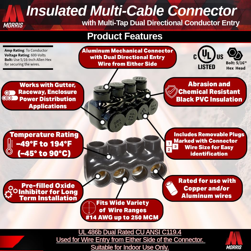 Morris Products 97644 Black Insulated Multi-Cable Connector - Dual Entry 4 Ports 250 - 6 Wire Range, 1-Pack