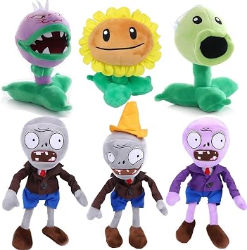 JHESAO 6 PCS Plants and Zombies PVZ Plush Plants Sets Toy Peashooter Purple Gray Conehead Zombie, 1 2 Stuffed Soft Chomper Doll, Sunflower PVZ Figure Doll New