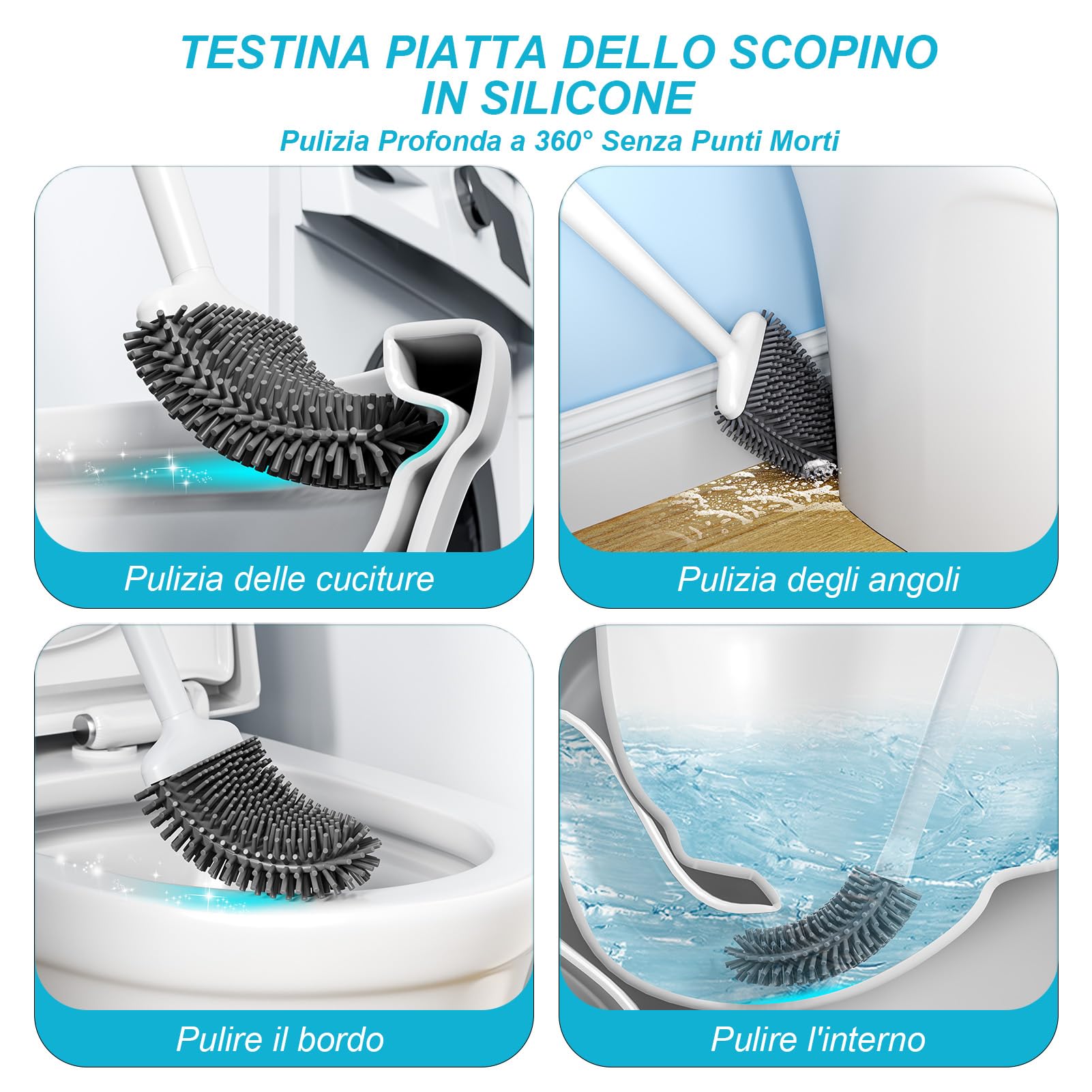 Sellemer Scopino WC Silicone, Scopettino Montaggio a Parete/in Piedi, Scopettino Bagno con Supporto Traspirante ad Asciugatura Rapida, Spazzola WC Flessibile per Bagno(Bianco)