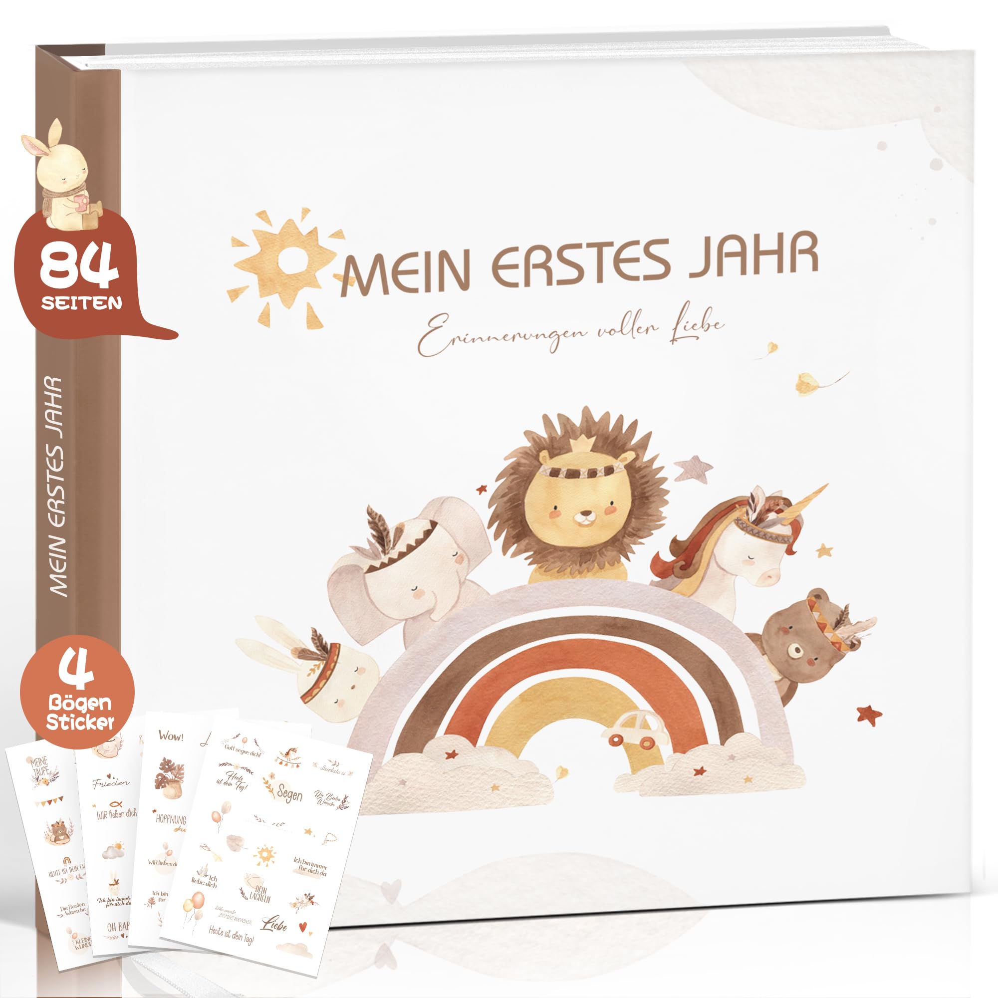 Babytagebuch mein erstes Jahr mit 4 Bögen Sticker, boho Babyalbum Mädchen junge, süßes Erinnerungsbuch Baby,Geburt Geschenke für Neugeborenes, Babyparty Baby Shower, von Pädagogen durchdacht gestaltet