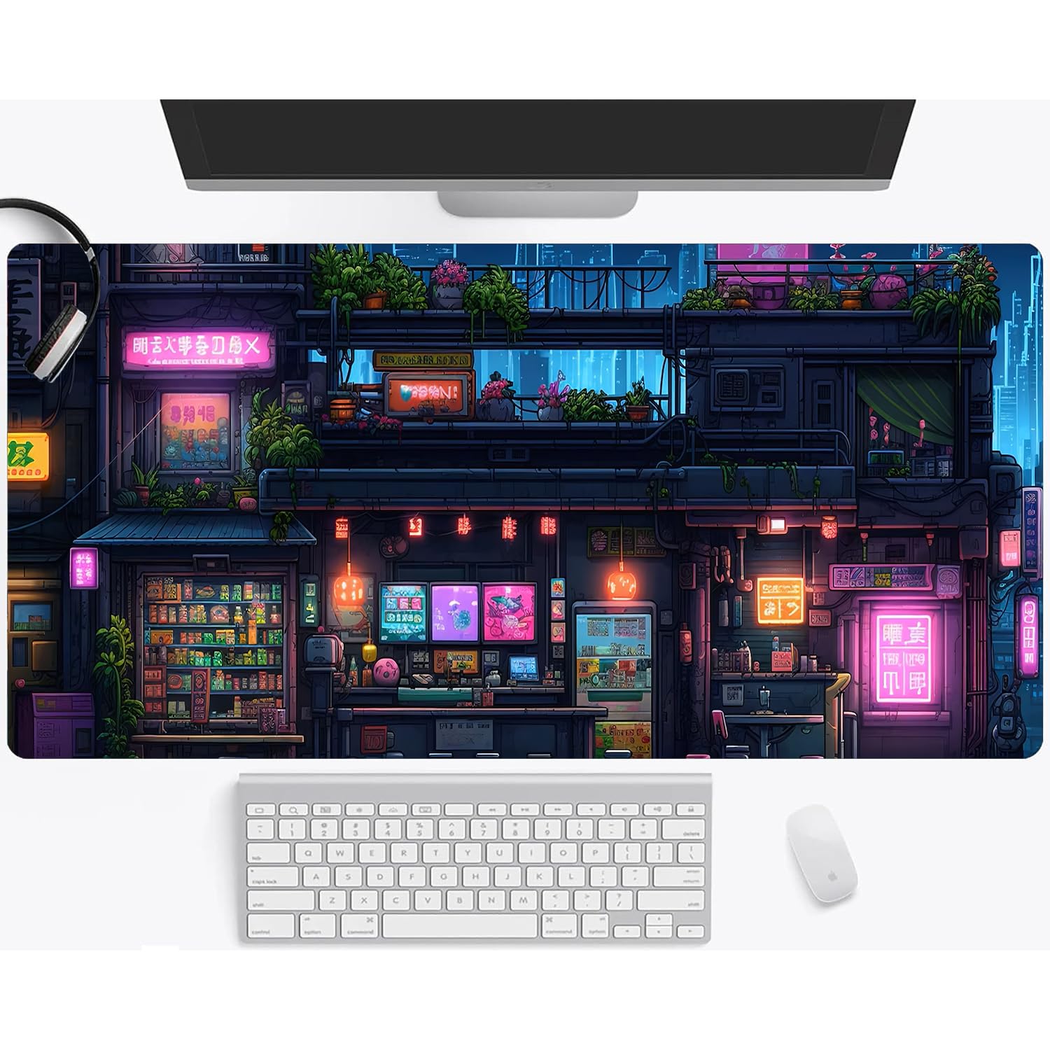 Cyberpunk Modern City Ramen Shop Large Gaming Mouse Pad Keyboard Desk Pad XXL Extended Mouse Pad Gaming Office Decor, Pc Laptop Mouse Pads (35.4x15.7 in) with Stitched Eges Non-Slip Large Computer Mat
