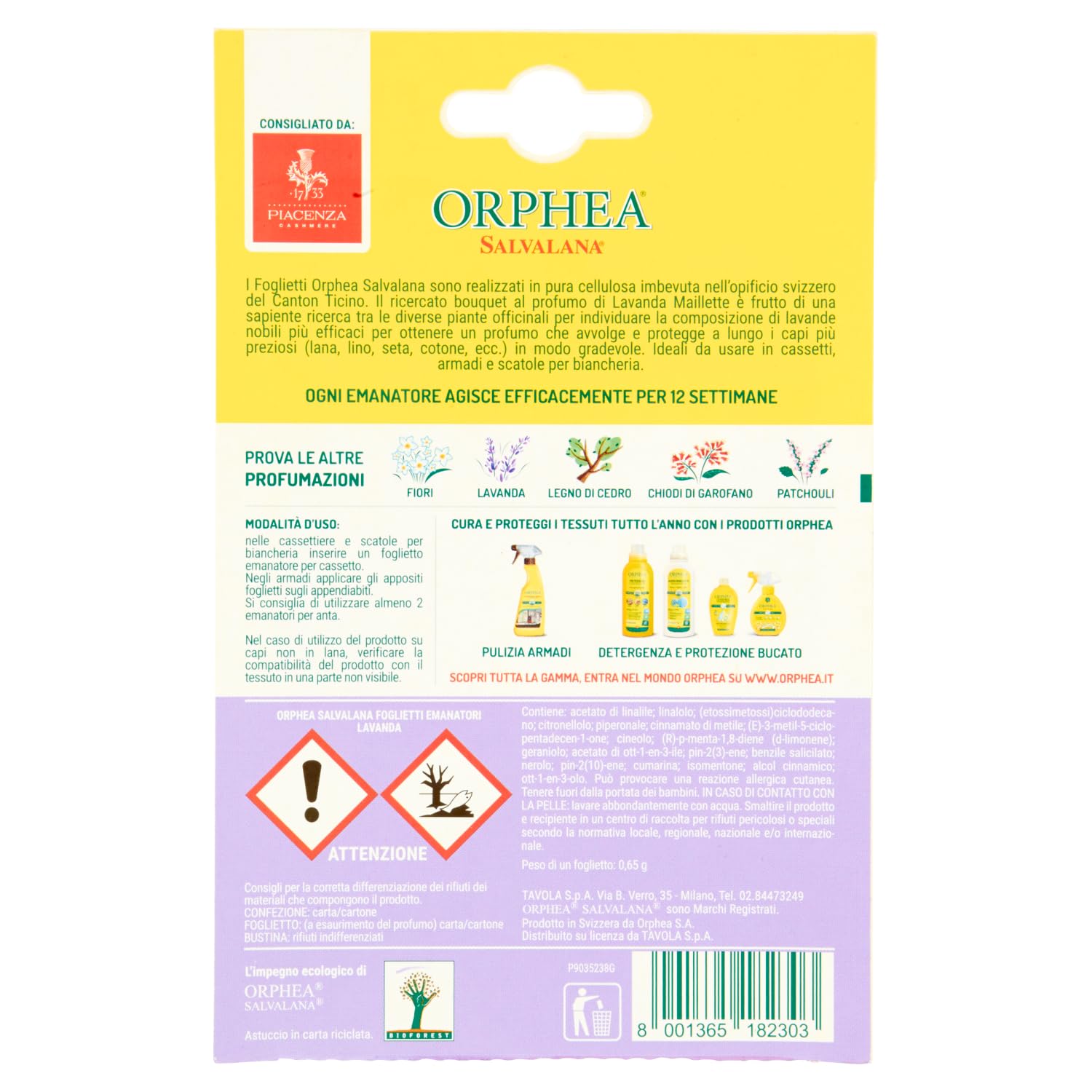Orphea Salvalana, Foglietti per Cassetti e Armadi, Protegge Lana e Vestiti Tutta la Stagione, Profumo di Lavanda, agisce per 12 settimane - 15 Foglietti Emanatori