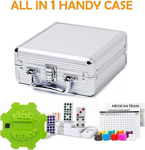 Miniatura 4 de Yinlo Juego de dominó de tren mexicano con efecto de sonido, juego de dominó para viajes, 91 azulejos dobles de 12 colores juego de viaje con caja