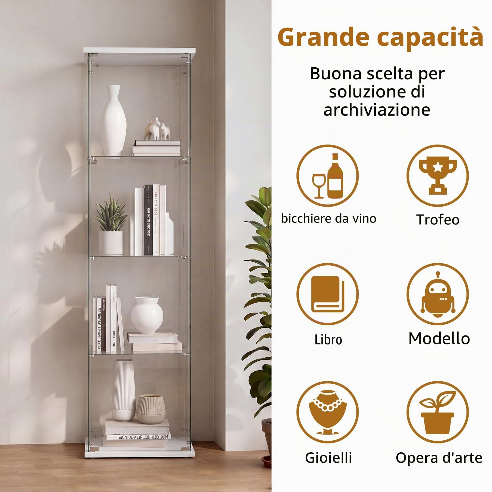 Vetrine di Vetro a 4 Strati, 1 Porta,Vetrinetta Espositiva con Serratura, Vetrinetta Espositiva a Colonna Vetrina Soggiorno con SerraturaVetrinetta in Vetro per Soggiorno 164×42.5×36.5cm