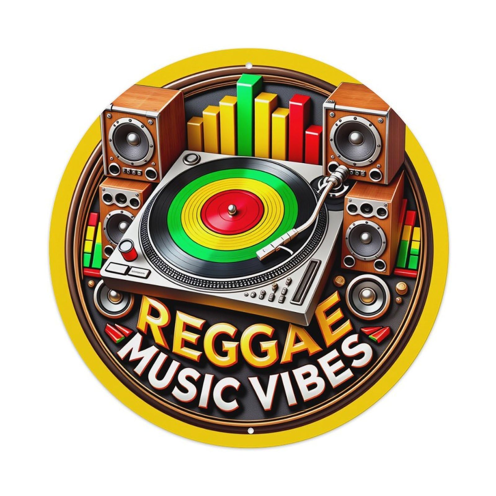 Reggae Music Vibes Turntable Speakers Round Tin Sign Retro Metal Sign for Cafe Bar Pub Home Game Room Gym Club Wall Decoration Vintage Metal Poster 8x8 Inch