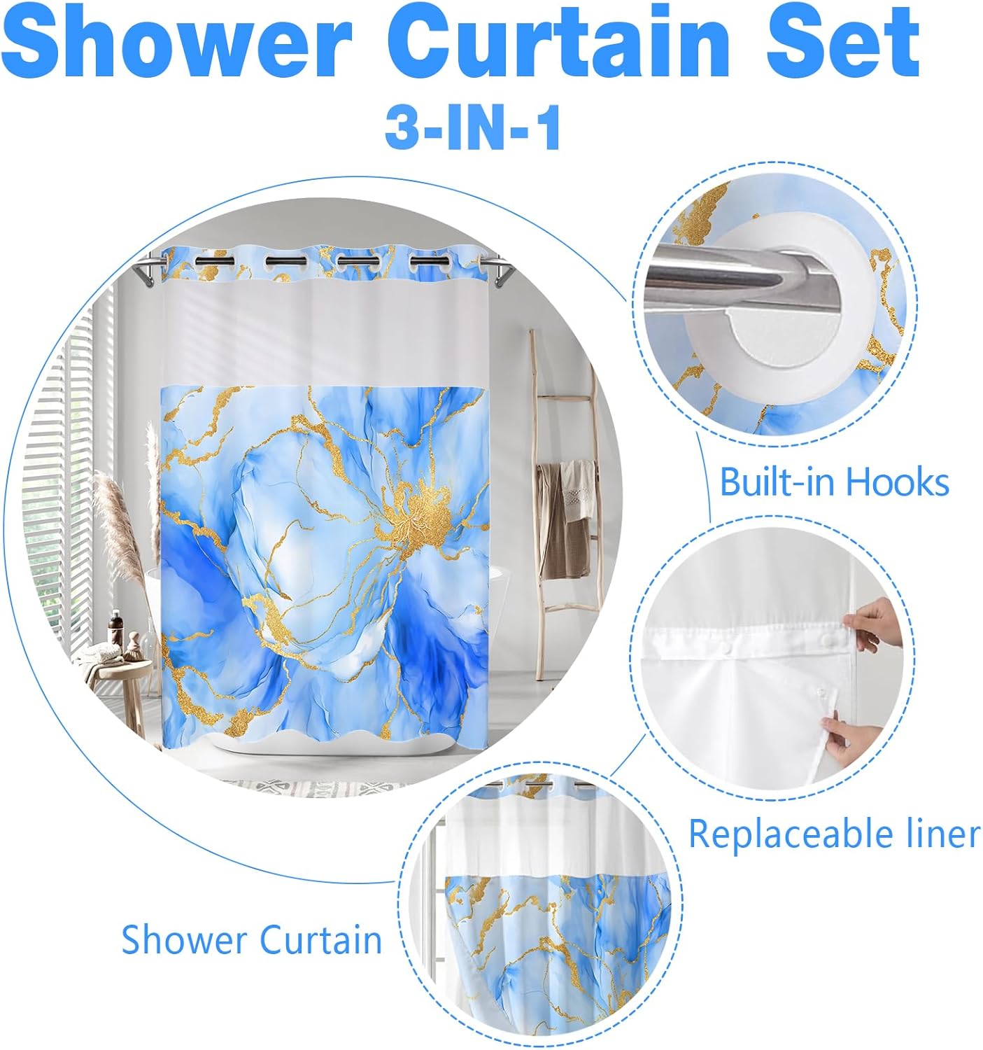 No Hook Shower Curtain with Snap in Liner Set, Blue and Gold Marble Floral Fabric Shower Curtain for Bathroom Hotel 71x74 Inches