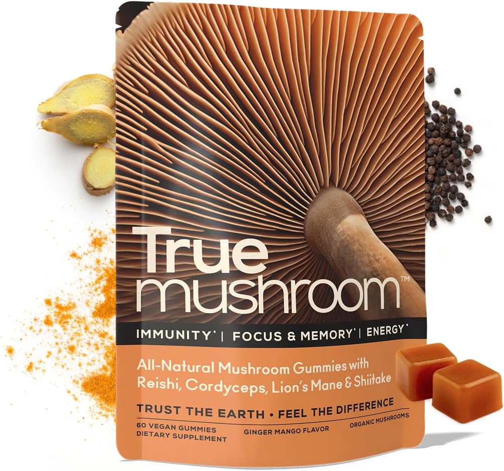 TrueMushroom - Immune Support Mushroom Gummies Supplement: Lion’s Mane, Cordyceps, Reishi, Shiitake - with Ginger & Turmeric. Boost Immunity, Focus & Memory, Energy. Mango Ginger Flavor (60 Count)