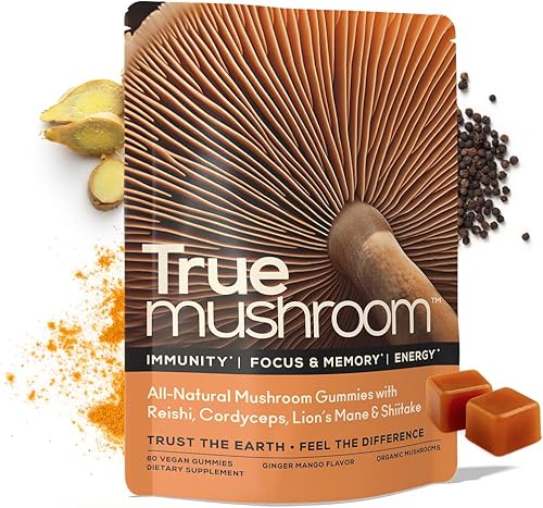 TrueMushroom - Inmunidad, enfoque y memoria, gomitas energéticas de hongos con melena de león, cordyceps, reishi, suplemento natural Shiitake con