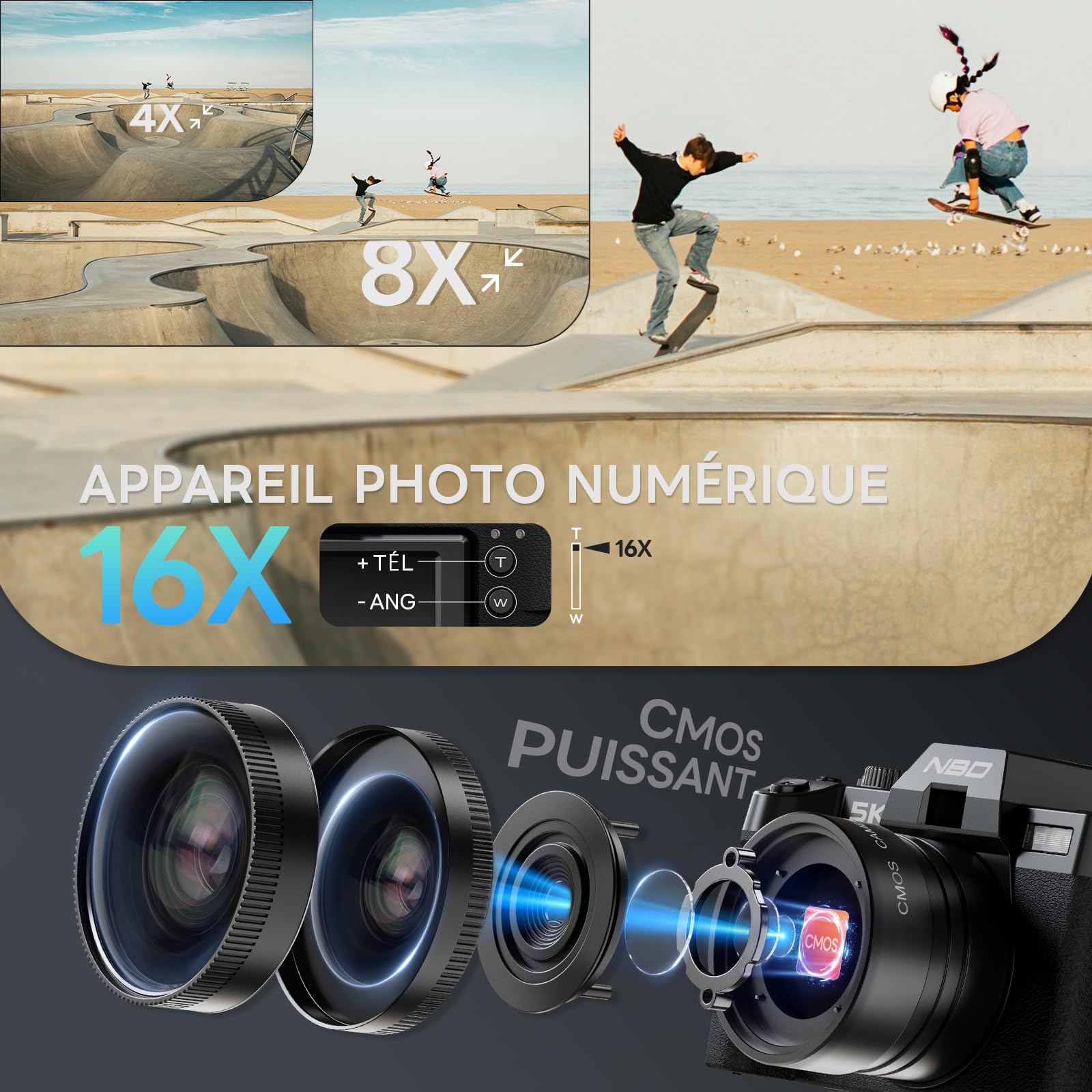 Appareil Photo Numérique NBD 5K 64MP Autofocus Zoom 16x F1.8 Écran IPS 3" 180° WiFi Grand Angle Macro Carte 64GB 2 Batteries Noir