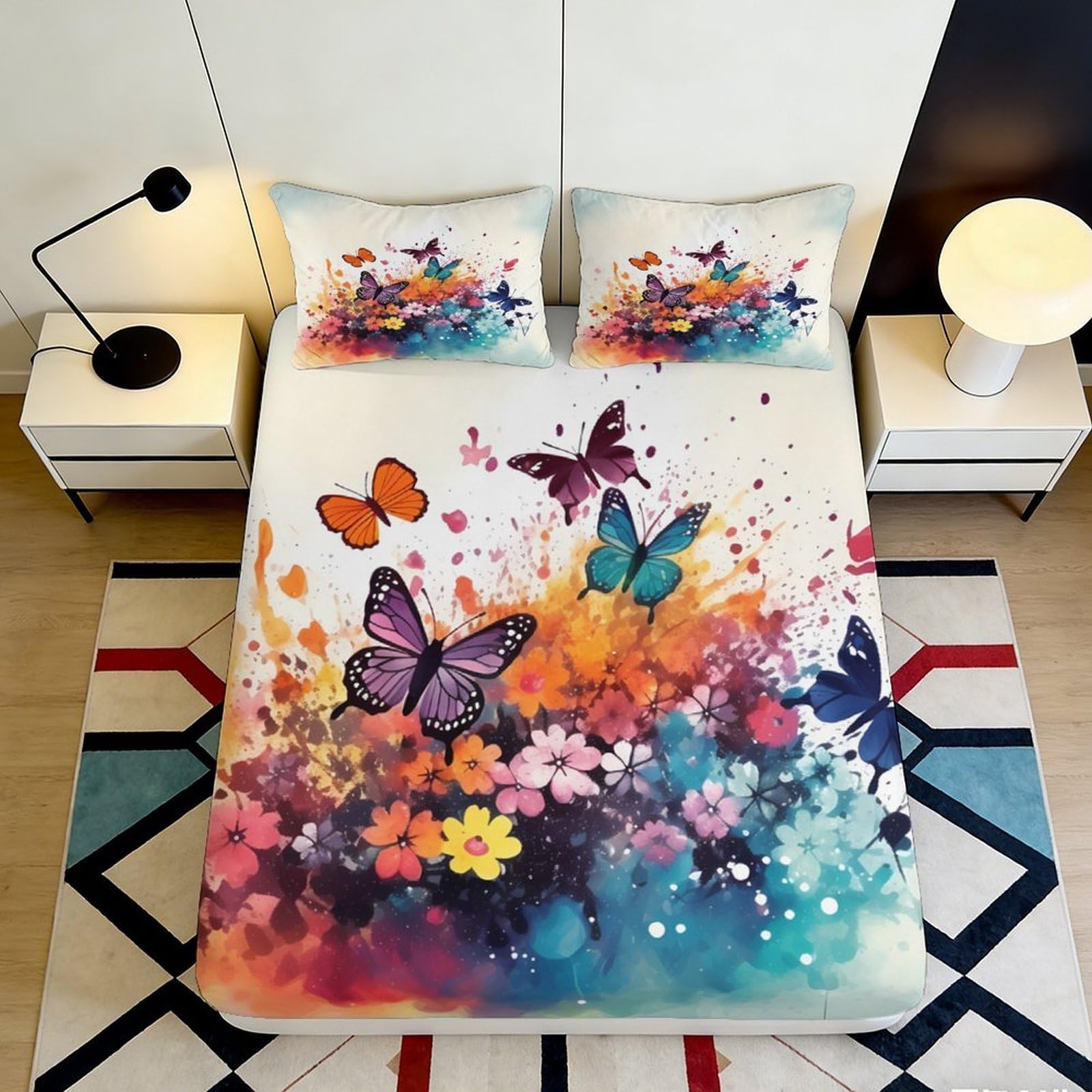 Decor Butterfly Fitted Sheet, Floral 3D Printed Bed Cover, Soft Microfiber, Wrinkle Resistant, Home Bedroom, Apartment Bedding, 120x200cm 90x200x25cm