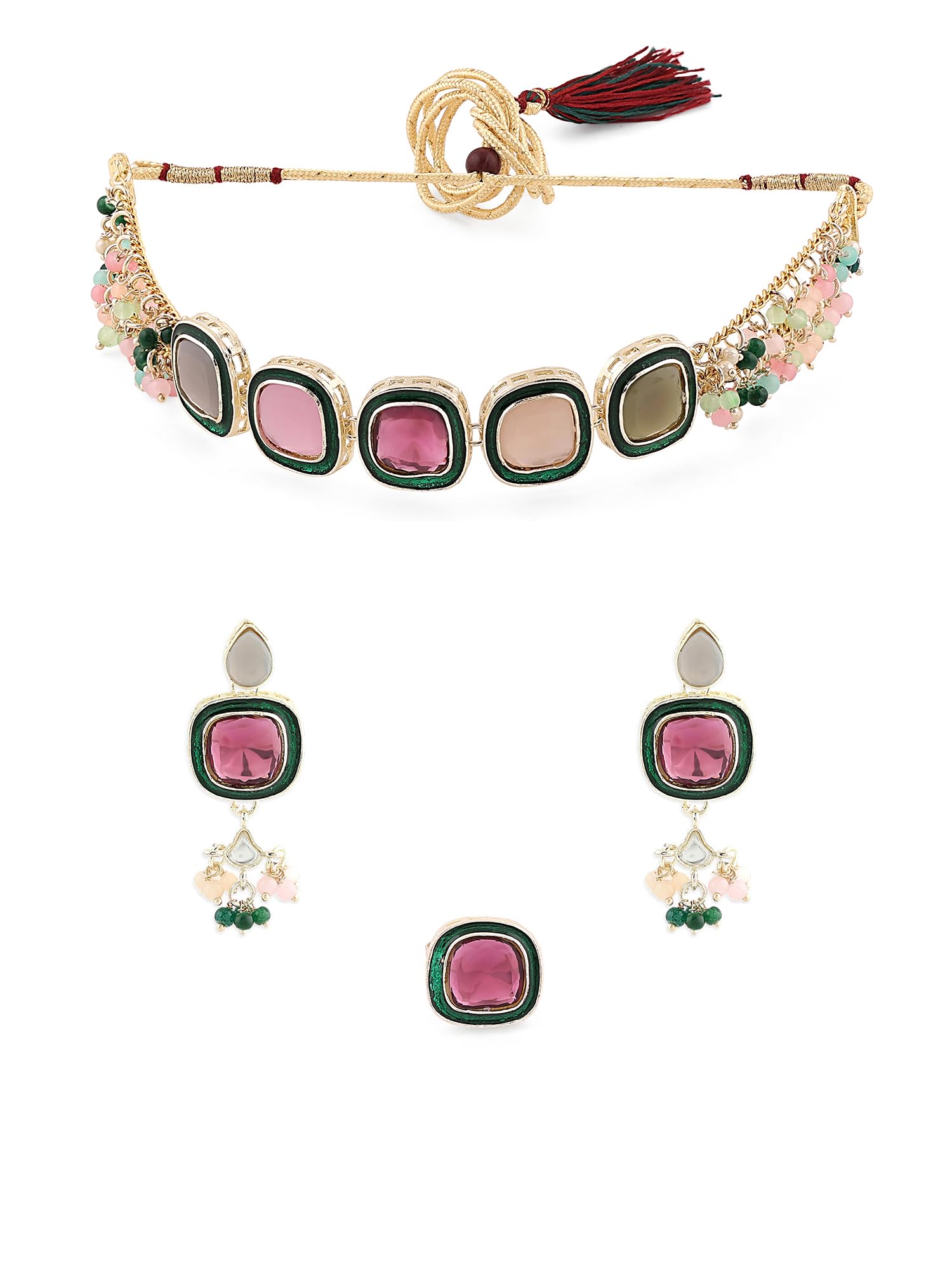 ZAVERI PEARLSMulti Colour Multistrand Beaded Cluster Choker Necklace Earring & Ring Set For Women-ZPFK16494