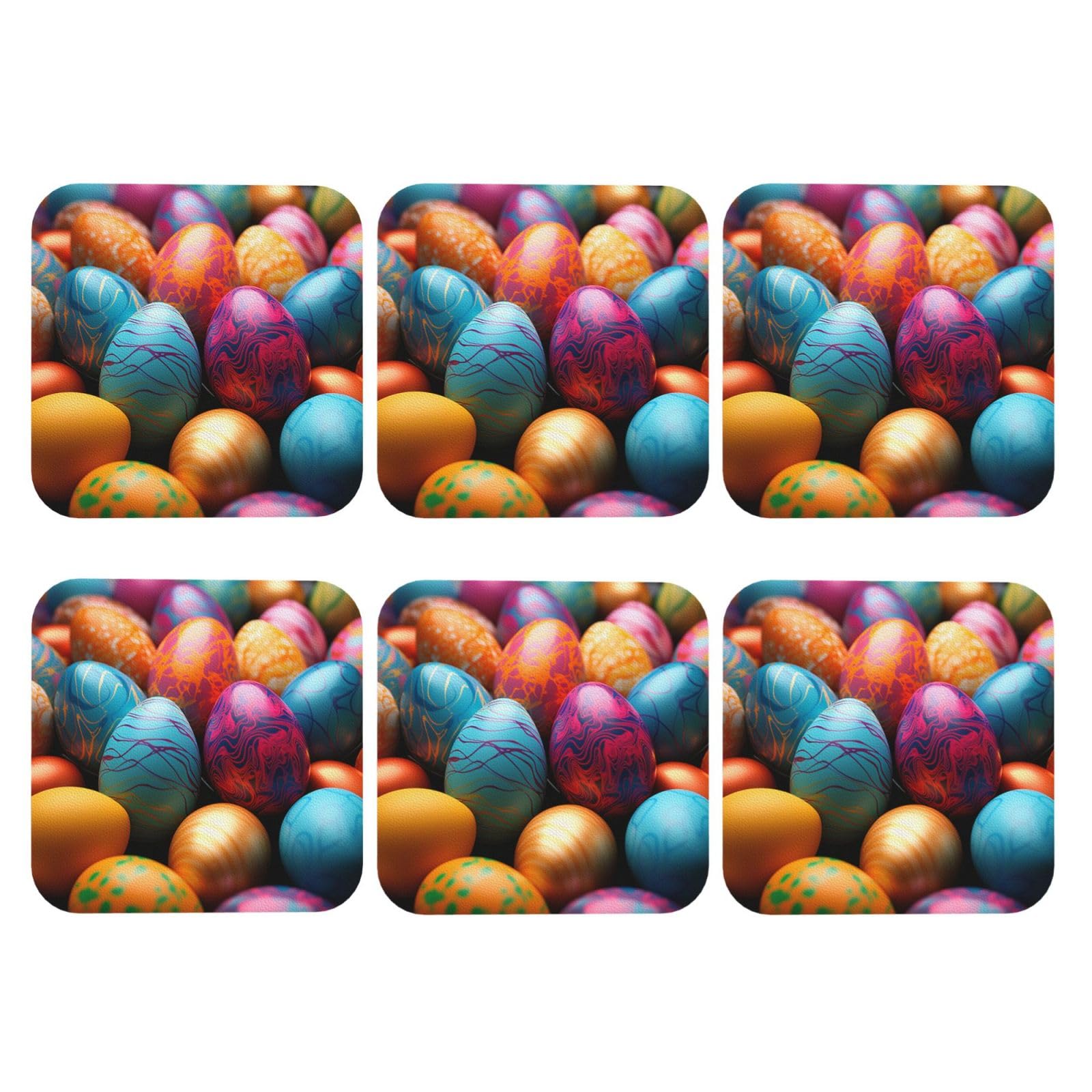 6Pcs PU Leather Coaster for Drinks, Easter Day Colorful Eggs Cup Coastersr 4" Cup Mat Pad, Aesthetic Drink Coasters for Coffee Table, Square Coaster for Tabletop Protection
