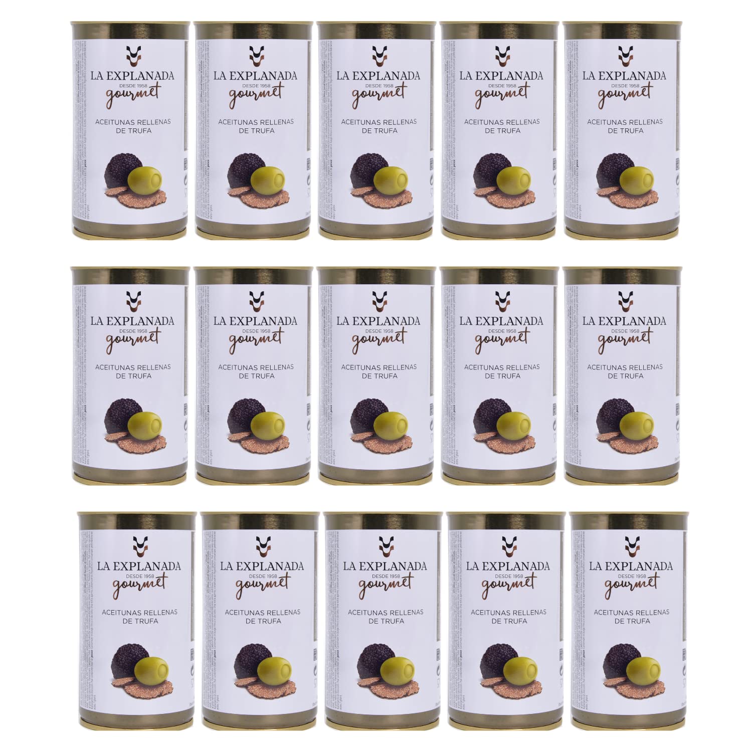 A.S. Cazorla - Packung mit 15 Dosen trüffelgefüllter Oliven Explanada gourmet - Cazorla-Oliven - gefüllte Manzanilla-Oliven - Dosenformat - Nettoabtropfgewicht 150 g - Herkunft Spanien