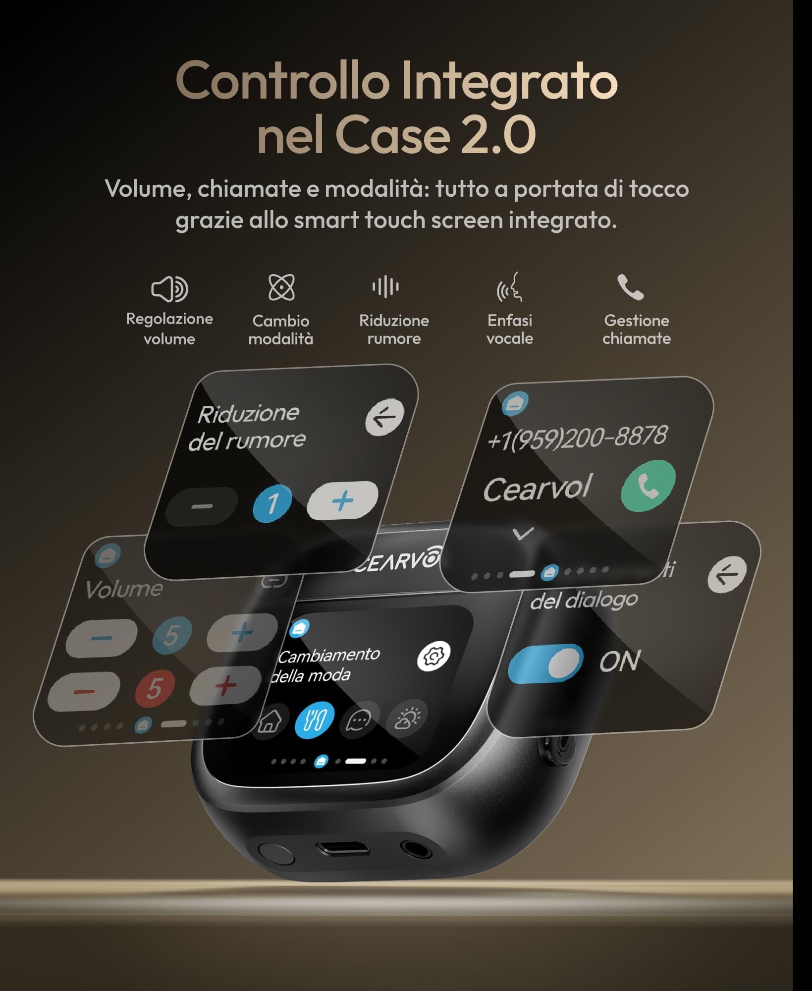 Wave Amplificatore del Suono Smart con Custodia Touchscreen, Riduzione Rumore NeuroFlow AI 2.0, Driver Knowles, Bluetooth 5.3 e Trasmettitore TV (Mezzanotte)