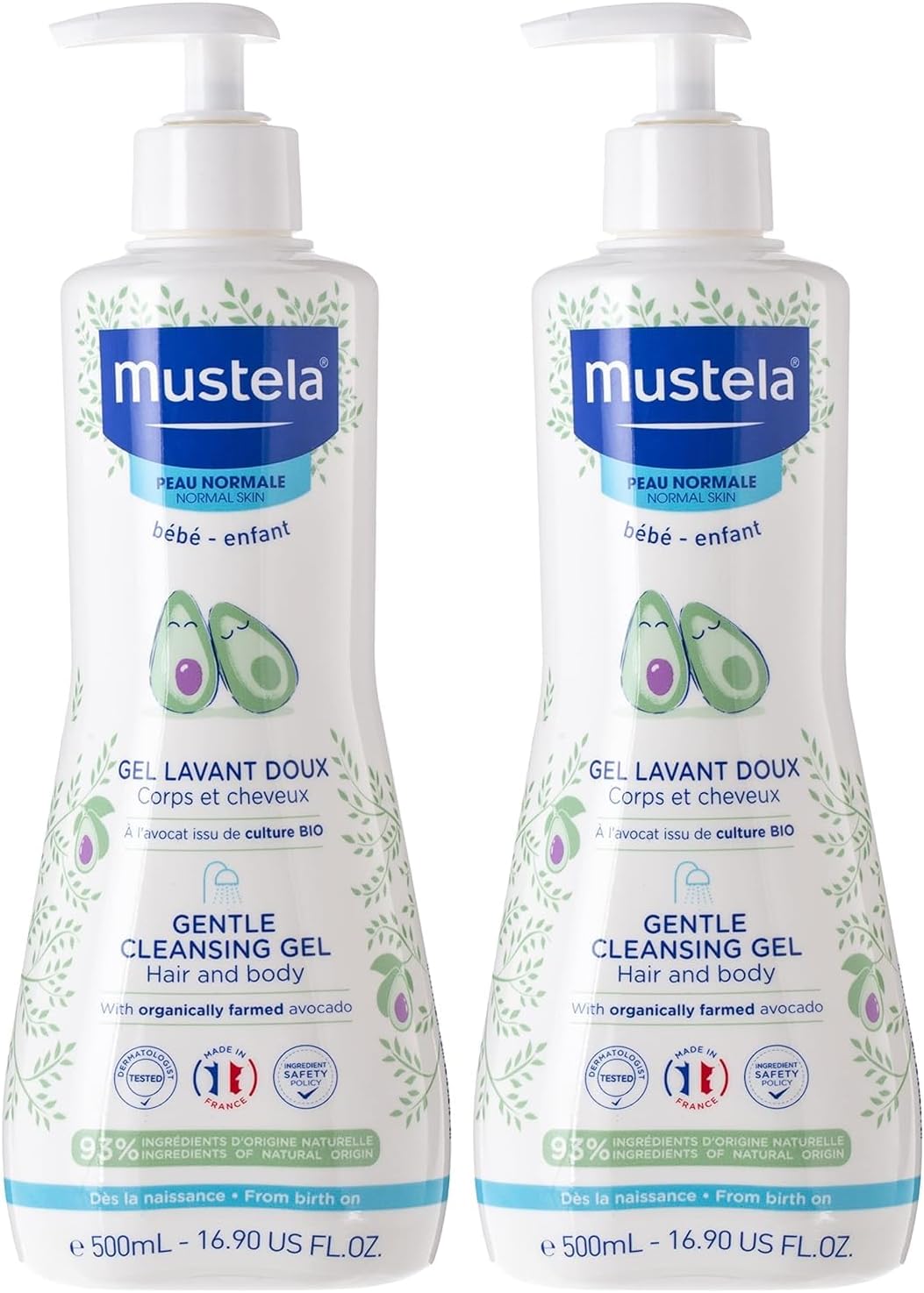 Mustela Baby Gentle Cleansing Gel, Hair & Body Wash, with Avocado, Vitamin B5, Biodegradable, Tear-Free, 500ml, Pack of 2
