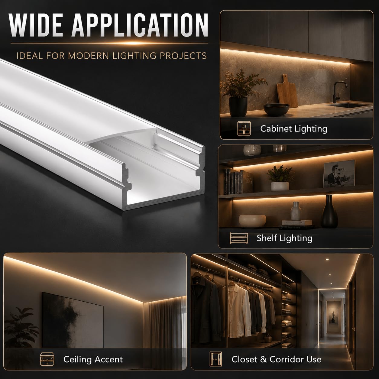 Striscia luminosa LED in alluminio a forma di U, 2 metri x 5 pezzi, bianca, ideale per la decorazione domestica, con chiodi, pannello da appendere, viti e tubo espansivo