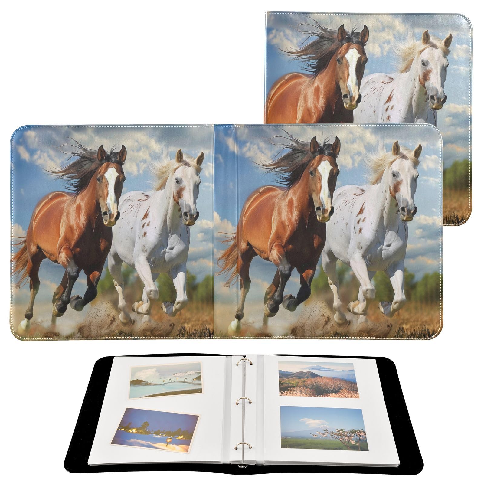 JIPONI Beautiful Horses Running Large Photo Album, DIY Leather Cover Scrapbook Albums for 4x6 5x7 6x8 Pictures, Self Adhesive Memory Book for Wedding, Baby, Family