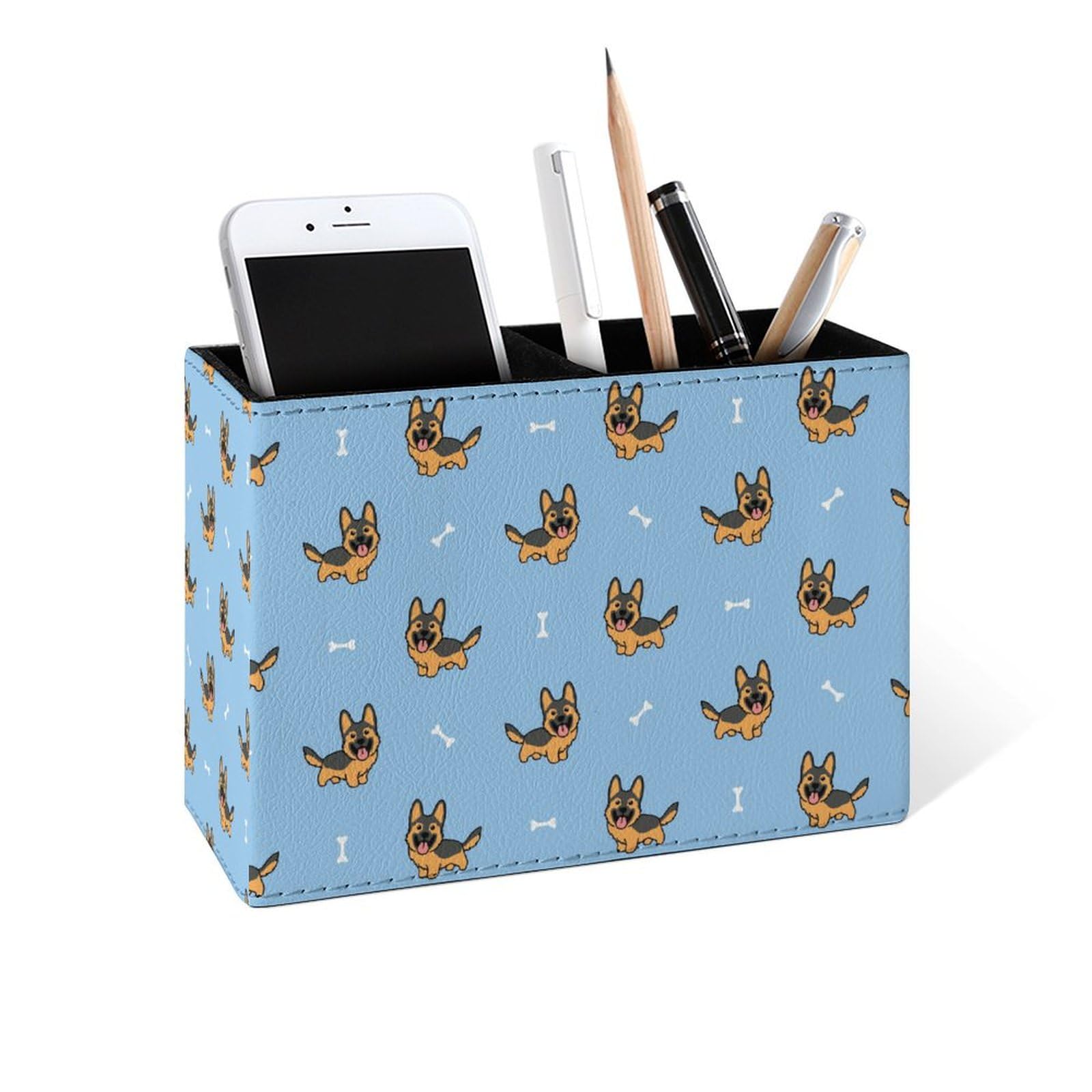 Famame Little German Shepherd Dog Pencil Holder for Desk, Leather Desktop Container Pen Cup Storage Study Table Pen Organizer Makeup Brushes Holder for Office Home