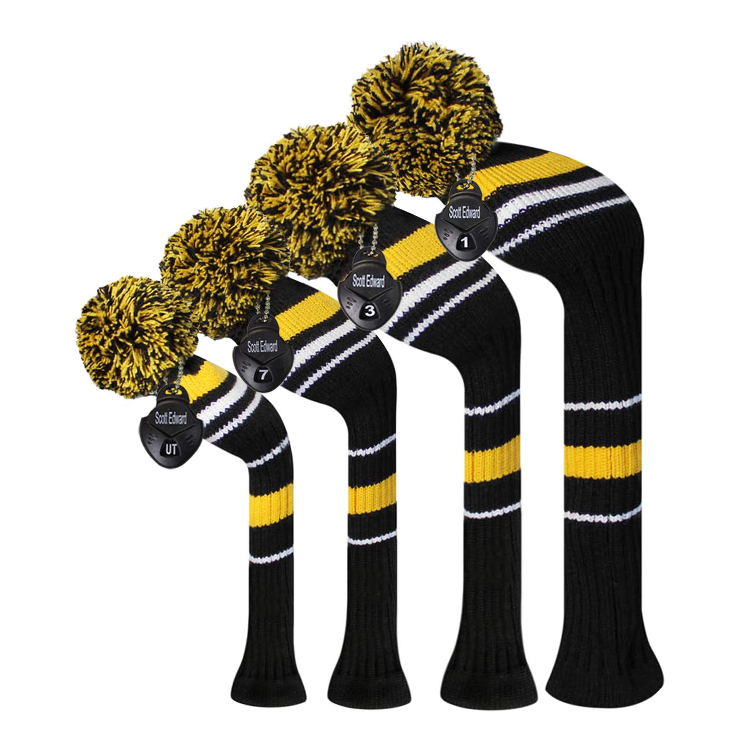 Scott Edward Golf Club Head Covers Set of 4, Acrylic Yarn Double-Layers Knitted, with Rotatable Number Tags