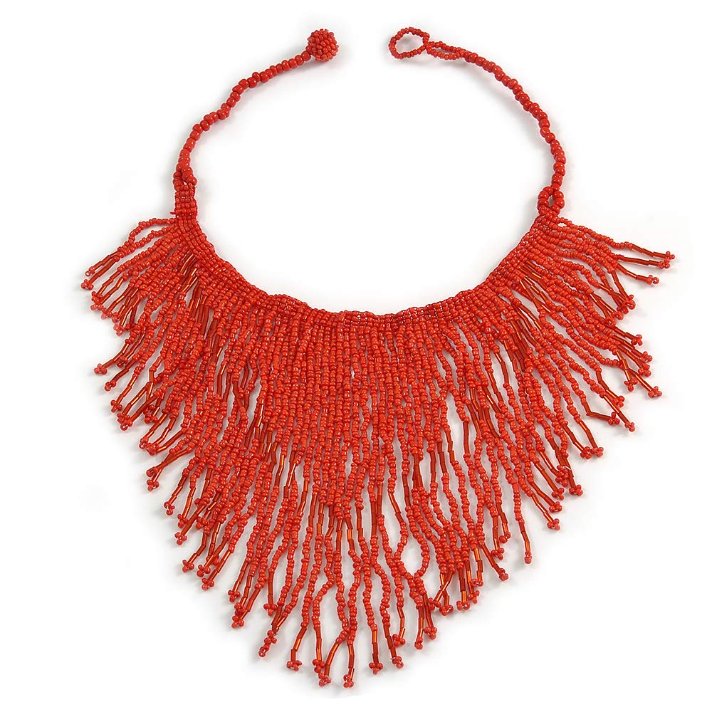Collana Lunga Con Perline Di Vetro E Frange Avalaya - Colore Nero/Bronzo, Lunghezza 40cm + Frange 17cm, Chiusura A Bottone