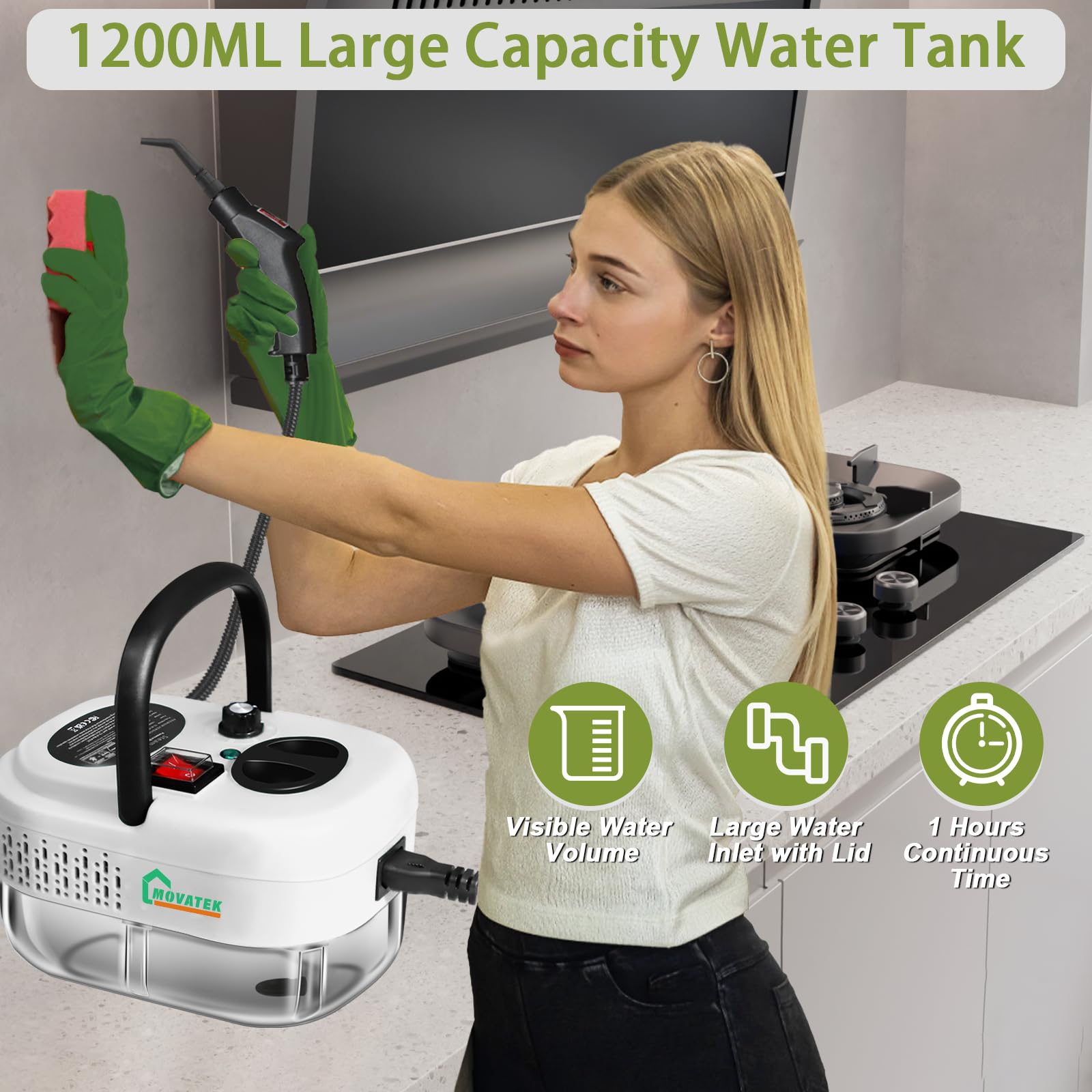 Steam Cleaner Handheld with 1200ml Large Water Tank, High Pressure Steamer for Floors, Upholstery, Grout, Car