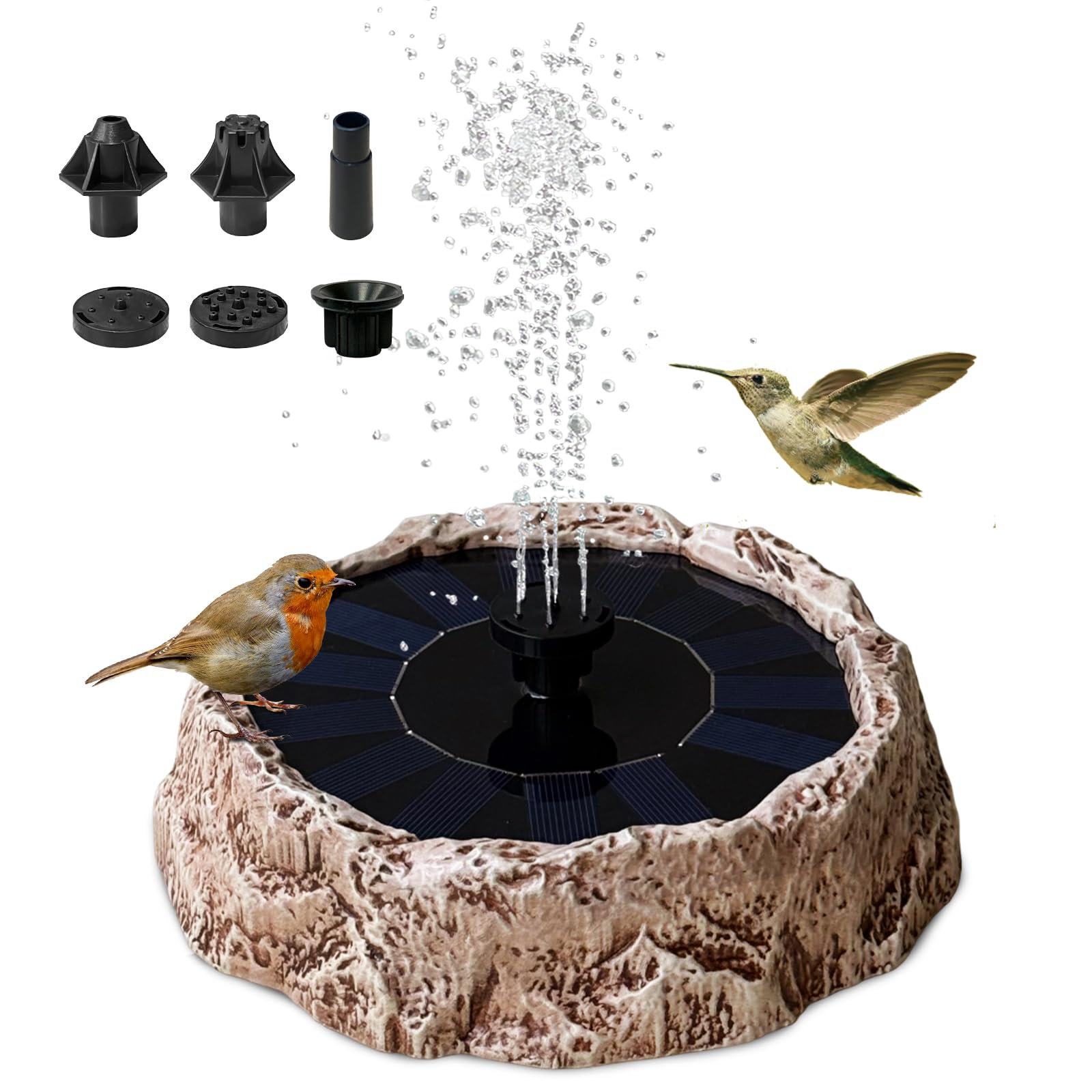 Photo 1 of FKKsparkler Upgrade Solar Fountain for Bird Bath Granite Rock Solar Water Fountain Pump with 6 Nozzles for Hummingbird Birdbath Lawn Fish Tank and Aquariums, High Efficiency & Anti-Clogging
