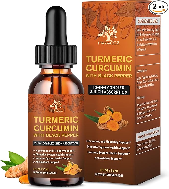 (2 Pack) Organic Turmeric Curcumin Supplement with Black Pepper and Ginger - Liquid Turmeric Extract Drops (with Cinnamon, Rosemary) - Mobility and Flexibility Support and Digestive Health - 1 Fl Oz