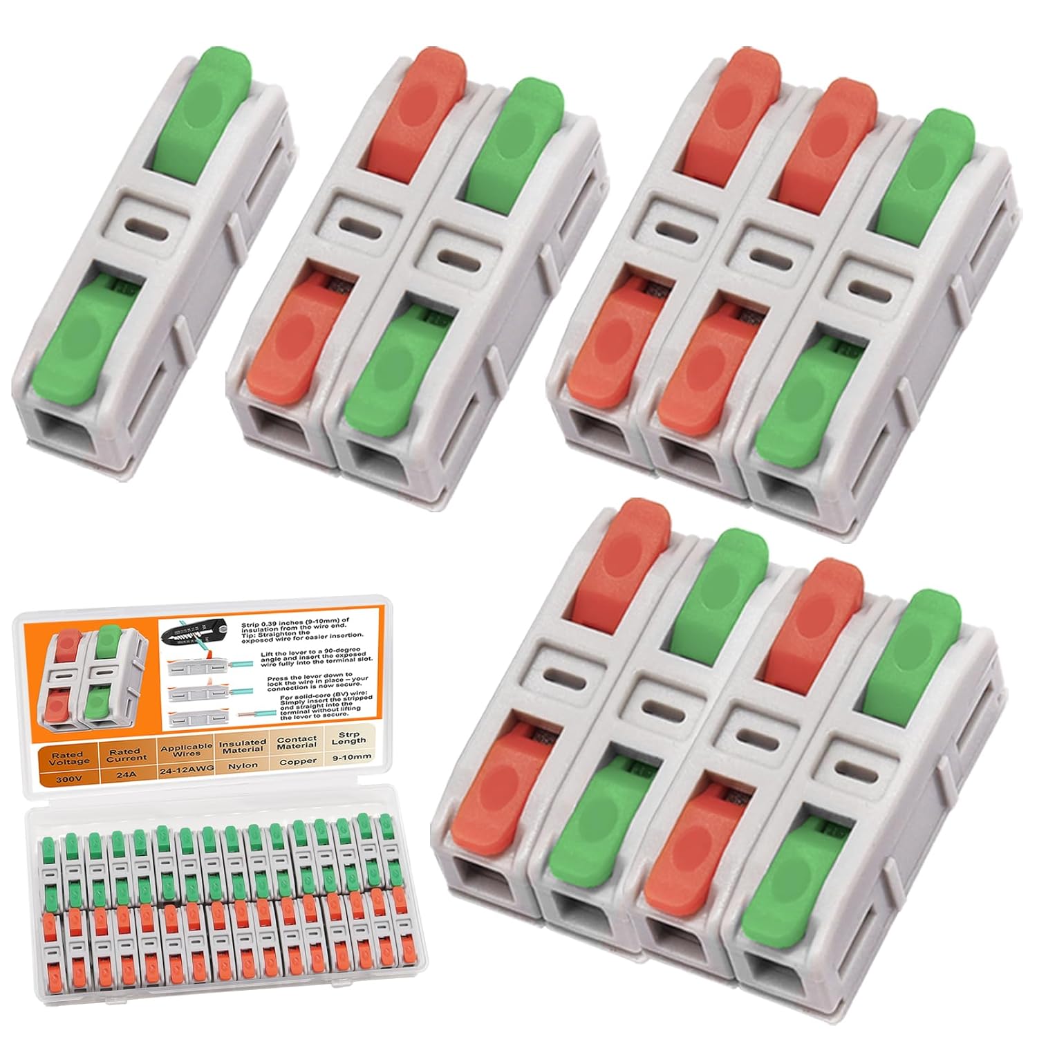 60PCS Lever Wire Connectors, Mini Quick Connectors Electrical Splicing Kit Push-in, Electrical Wire Butt Splice Inline Terminals for Various Circuits, AWG 24-12, 1 in 1 Out