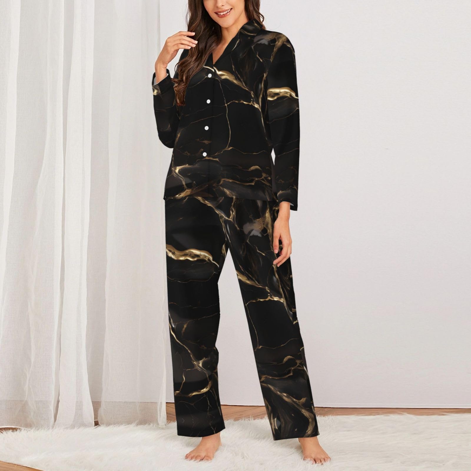 Set pigiama da donna a maniche lunghe nero oro marmo stampato a maniche lunghe abbottonato pigiama set disponibile in 5 taglie