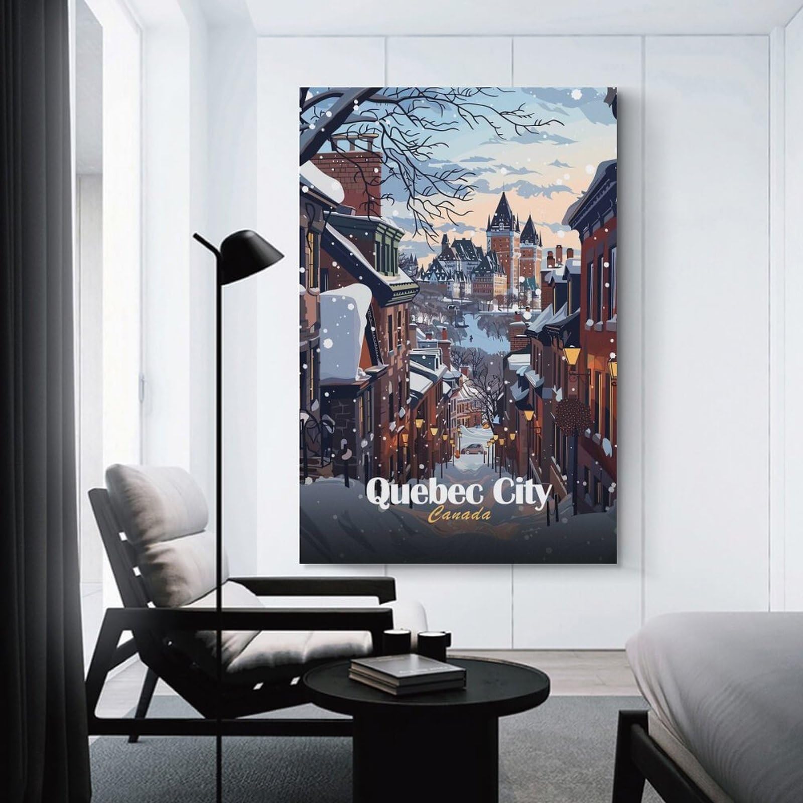 Junmoney Quebec City Winter Scene Hanging Wall Art, 16x24inch(40x60cm), for Bedroom Walls, Guest Spaces Or Lounges, An Easy Wall Refresh for Bedrooms