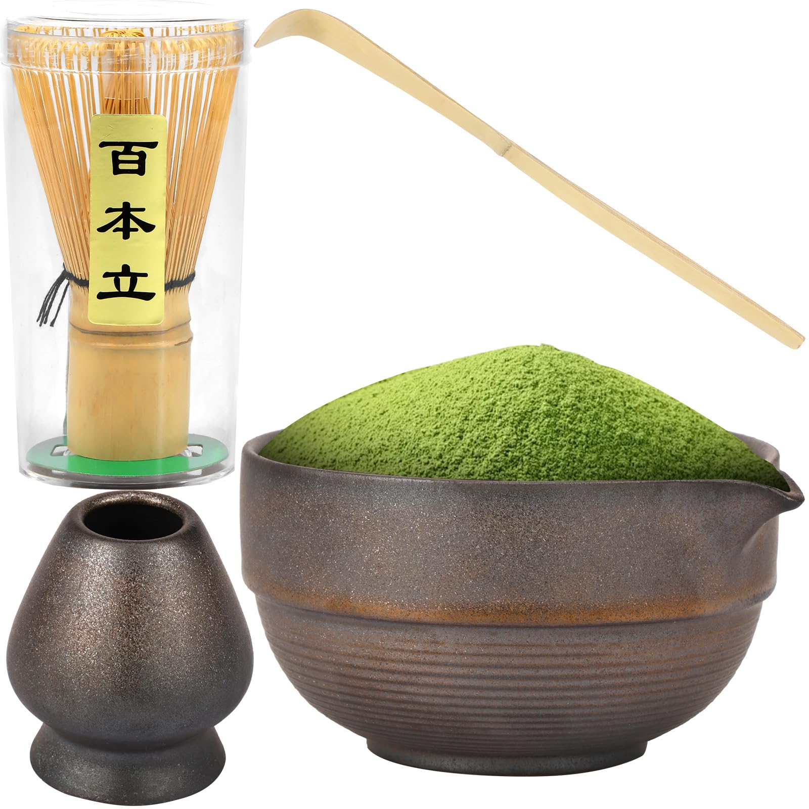 LCZNXJJY 5PCS Matcha Whisk Set, Matcha Bowl with Spout, Matcha Whisk with Holder, Japanese Matcha Kit, Matcha Starter Kit, Ceramic Matcha Kit Matcha Tea Making Tools for Tea Lovers (Tan)