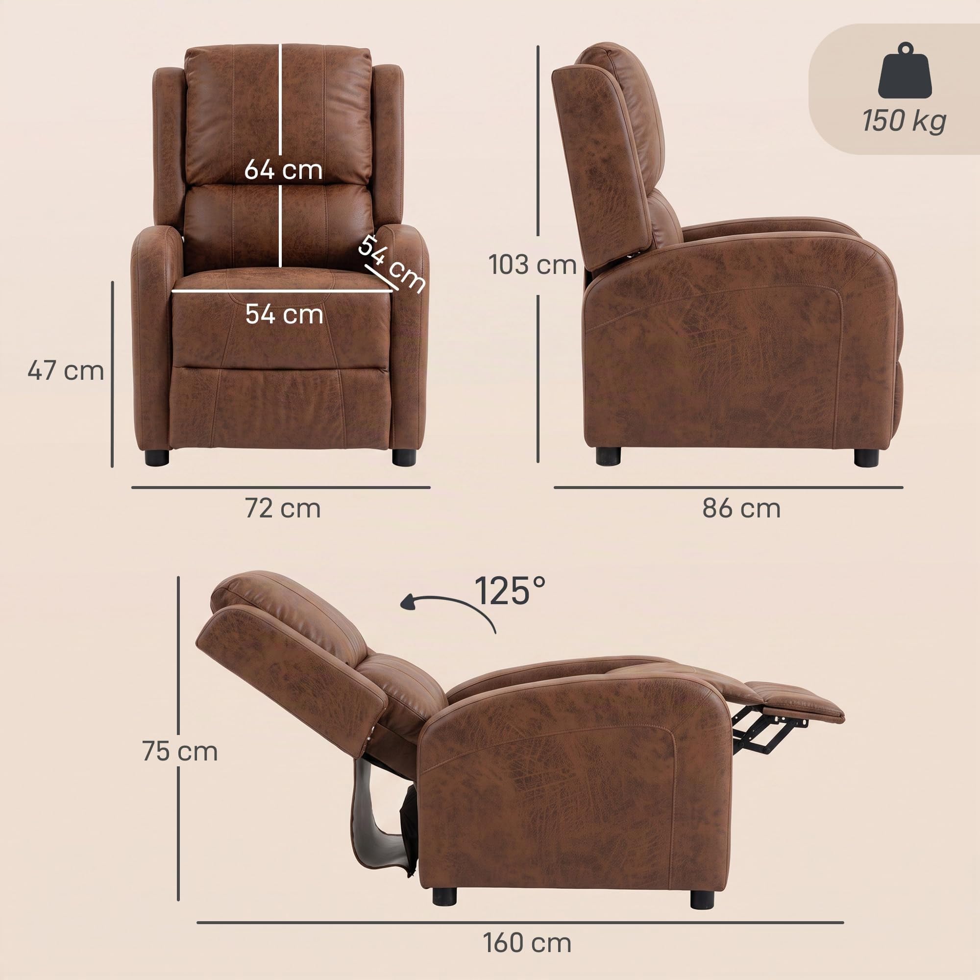 HOMCOM Sillón Relax Reclinable Sillón Reclinable Manual Reposapiés, Marrón