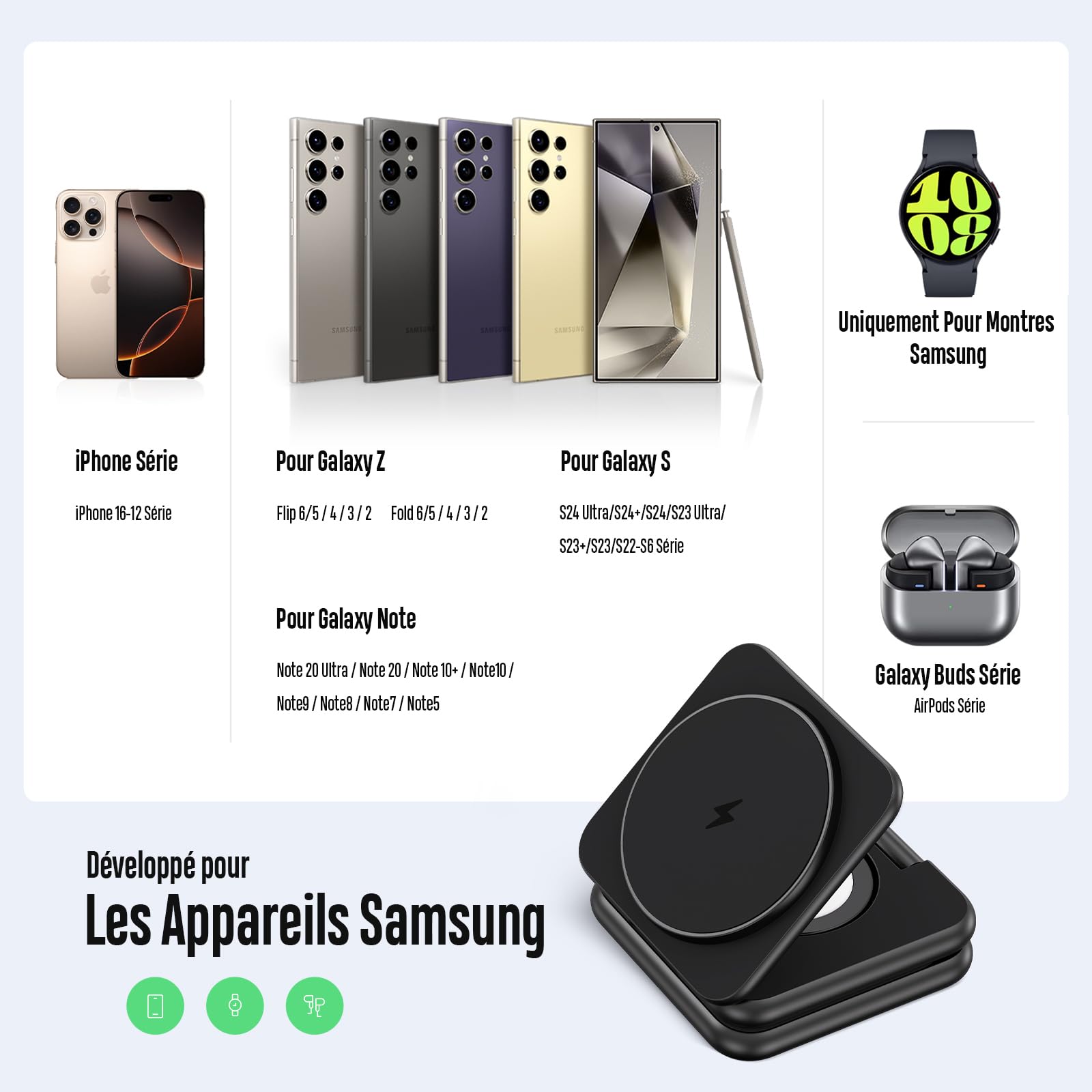 KU XIU 3 en 1 Pliable Magnétique Chargeur Induction pour Samsung | Voyage Chargeur Sans Fil pour Galaxy S26 Ultra S25 Note Z Fold Flip, Station de Charge pour Galaxy Watch, pour Galaxy Buds