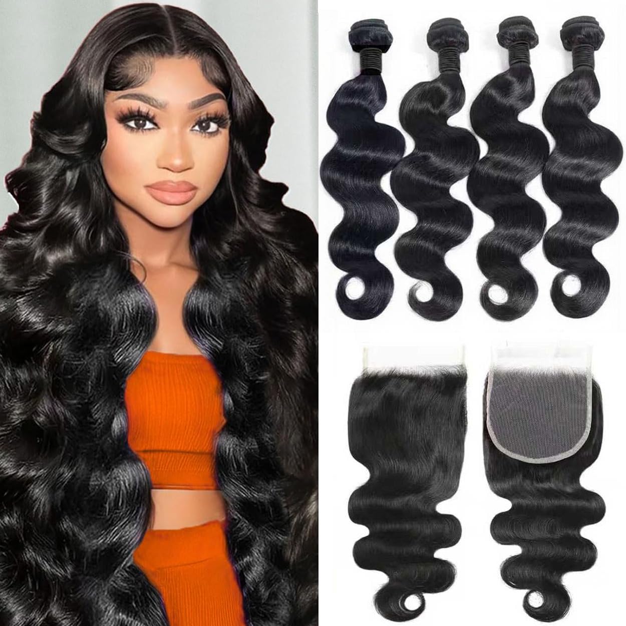 Photo 1 of Human Hair Bundles with Closure 20 22 24 26+18 Inch Brazilian Virgin Hair Extensions 4 Bundles with 5x5 Lace closure Brazilian Virgin Human Hair Natural Black
