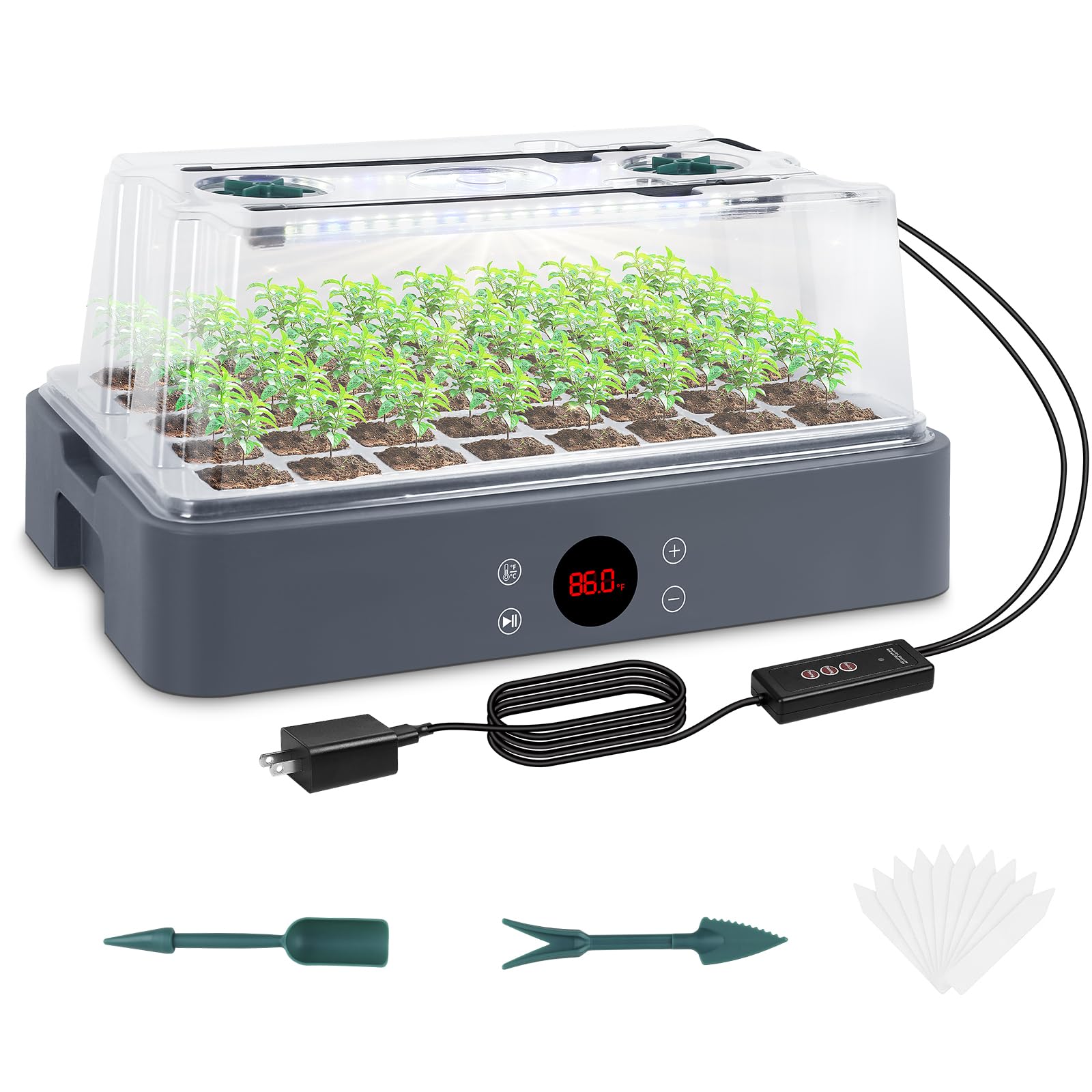 Sondiko Grey Seed Starter Tray With Grow Light, Heated Seed Starter Kit With Temperature Display, Humidity Dome Germination Kit, Adjustable Plant Light For Seed Starting And Seedling Growth