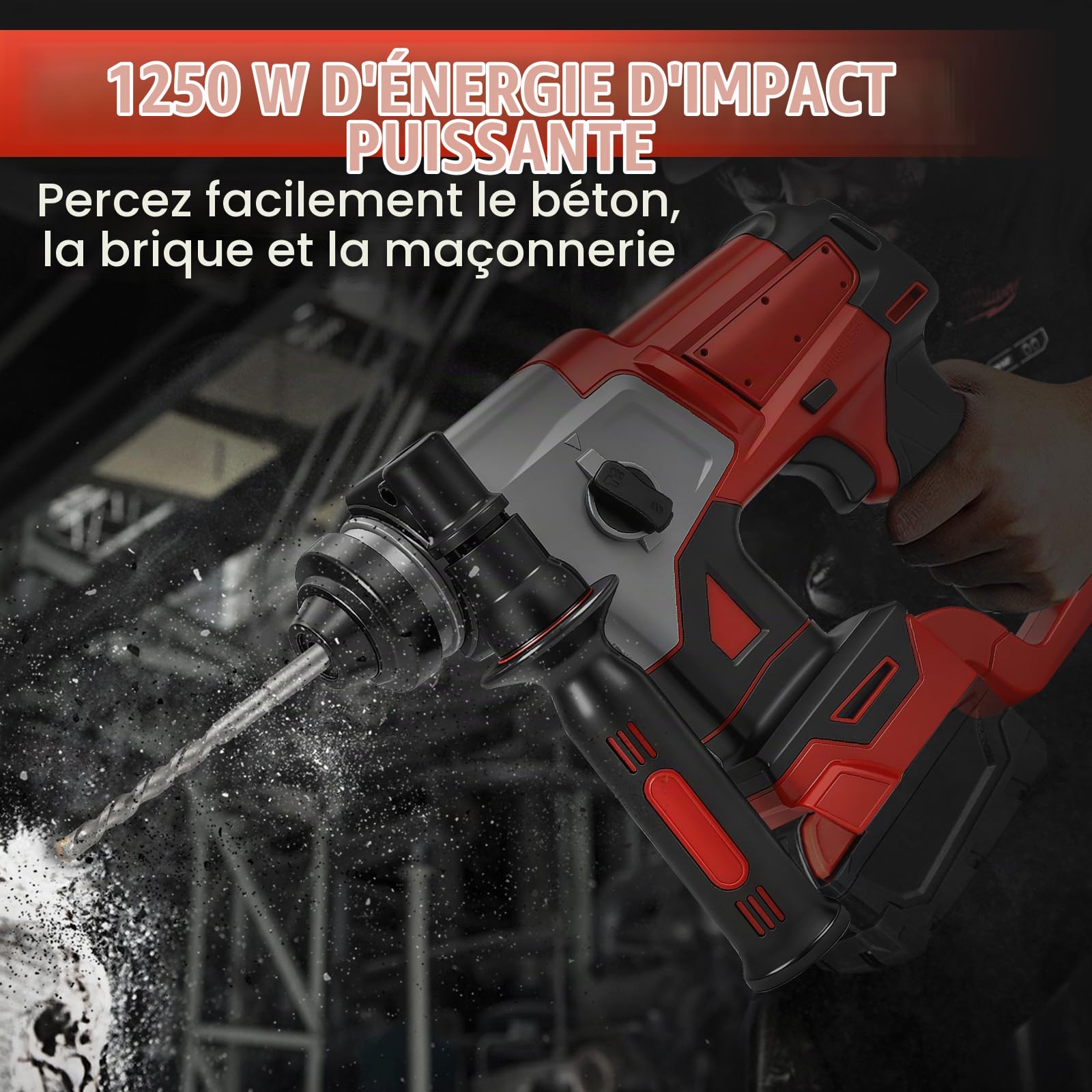 Combiné hammer et trous de forage pour Milwaukee 18V batterie(sans batterie | Roadtime 1200W 2-en-1 3J brosses sans machine de forage 3500rpm, percussion machine de forage avec 3x broche SDS PLUS