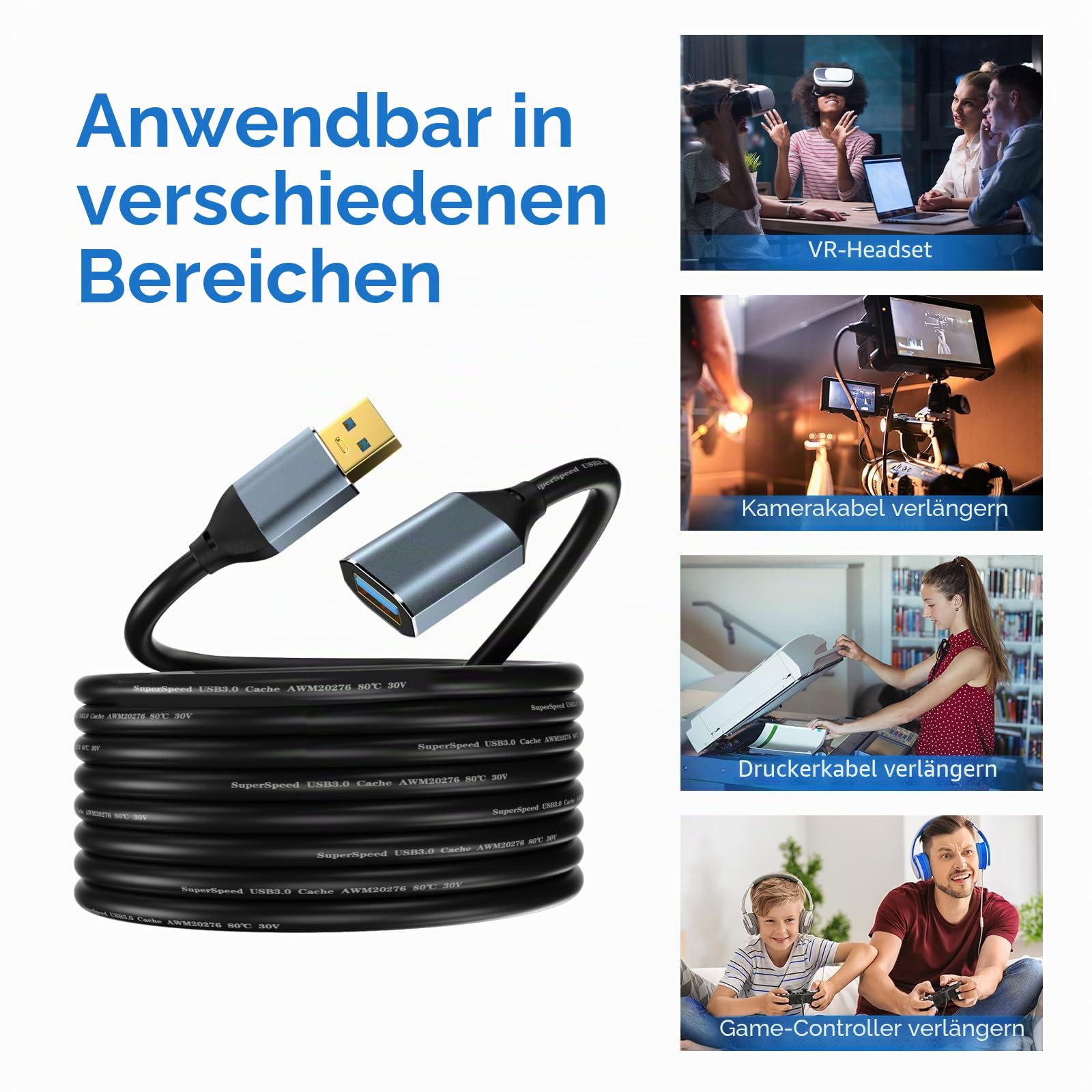 USB 3.0 Verlängerungskabel 5M Typ A Stecker auf Buchse Aktives Verlängerungskabel mit 1 Verlängerungs-Chipsatz, Signalverstärker und 1 USB-C-Ladeanschluss, für Webcam, Drucker, Kamera